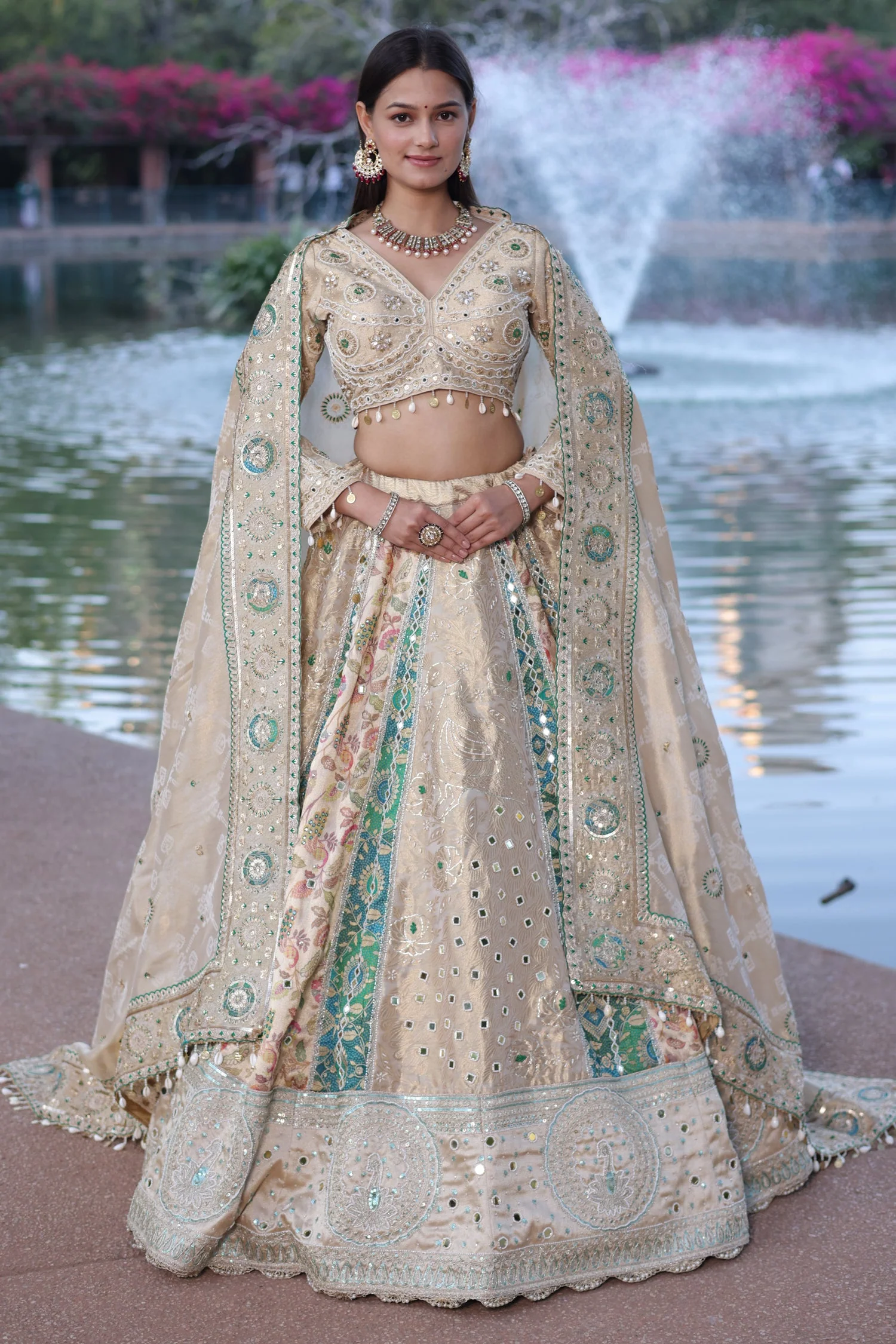 Cream and Green Tissue Mirror and Bead Work Lehenga - Image 4