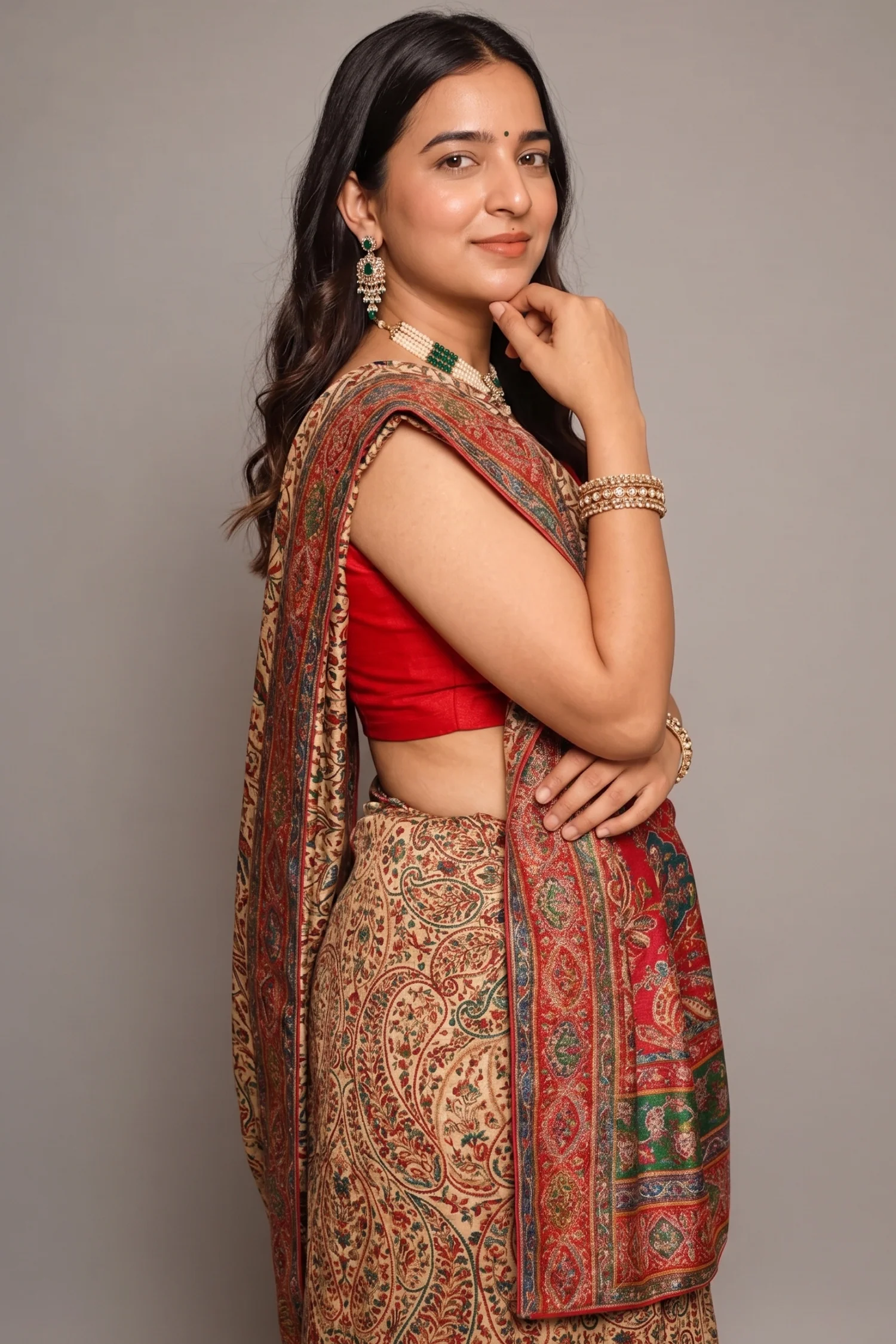 Cream and Multi Colored Pashmina Printed Dola Silk Saree with Cutdana Work - Image 2