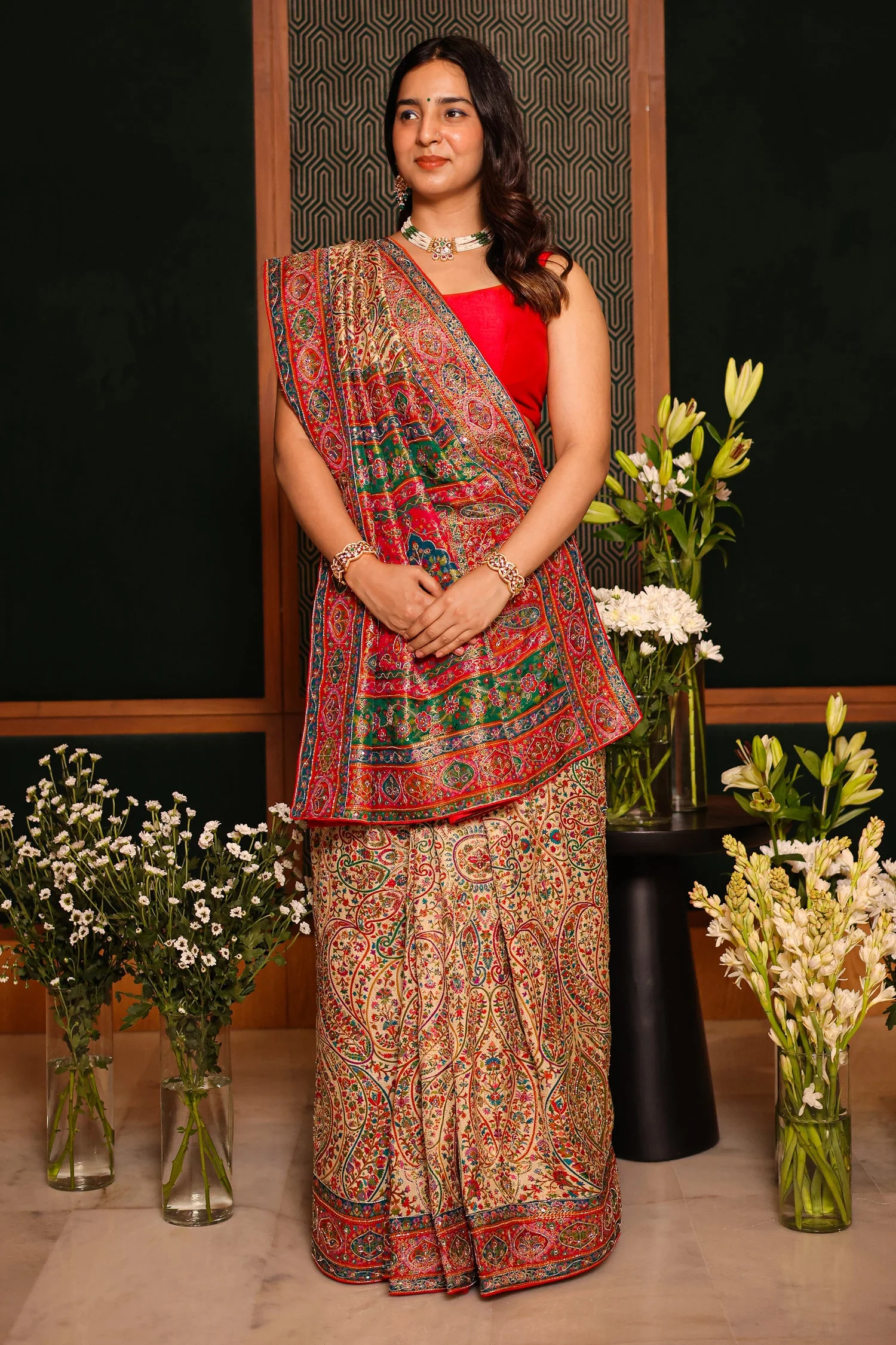 Cream and Multi Colored Pashmina Printed Dola Silk Saree with Cutdana Work - Image 3