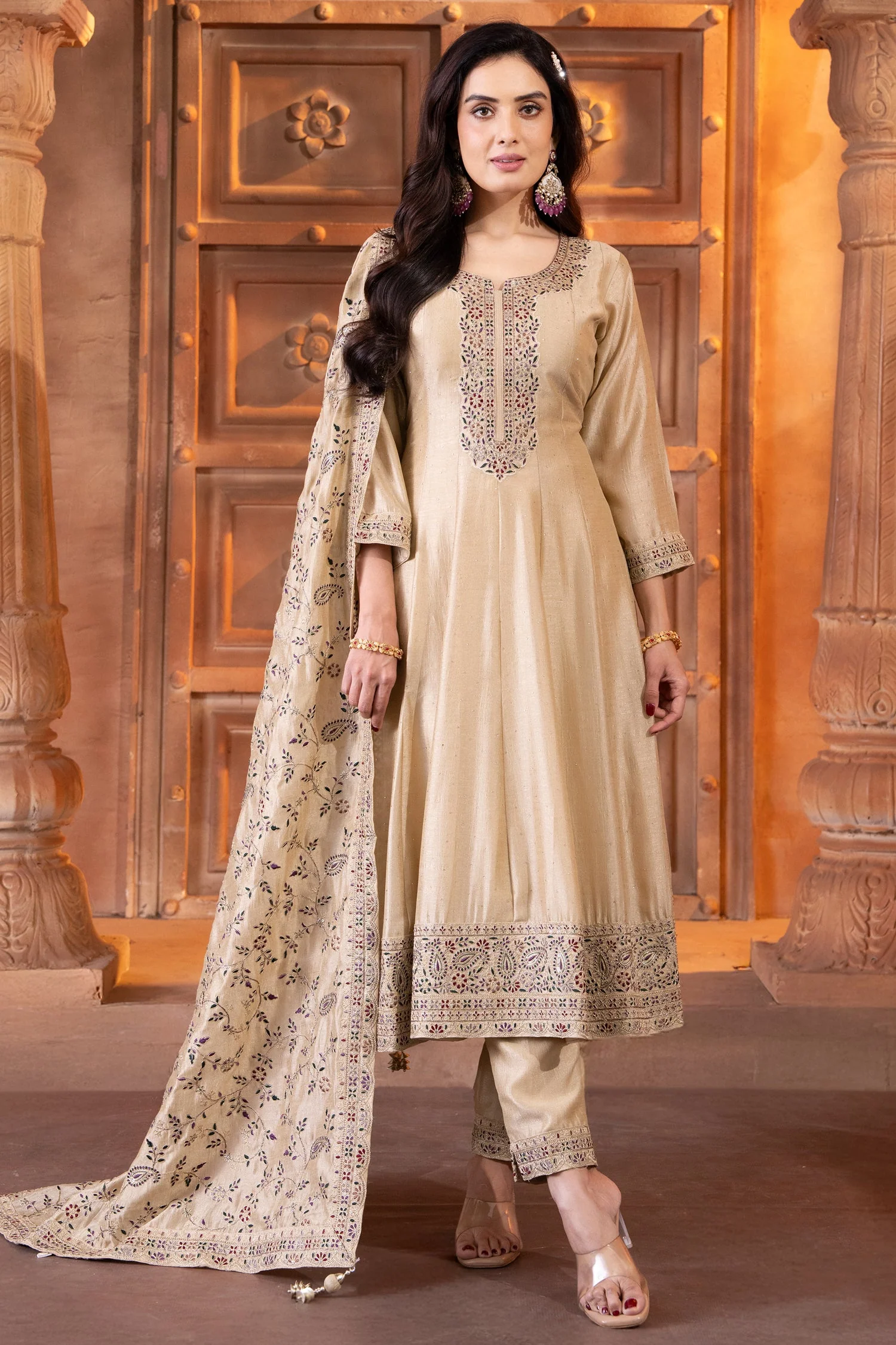 Cream Art Silk Embroidered Anarkali Suit - Image 3
