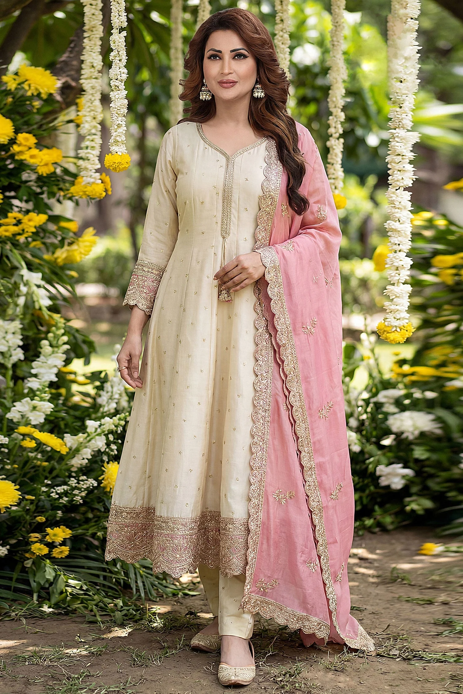 Cream Art Silk Sequin Embroidered Anarkali Suit - Image 3