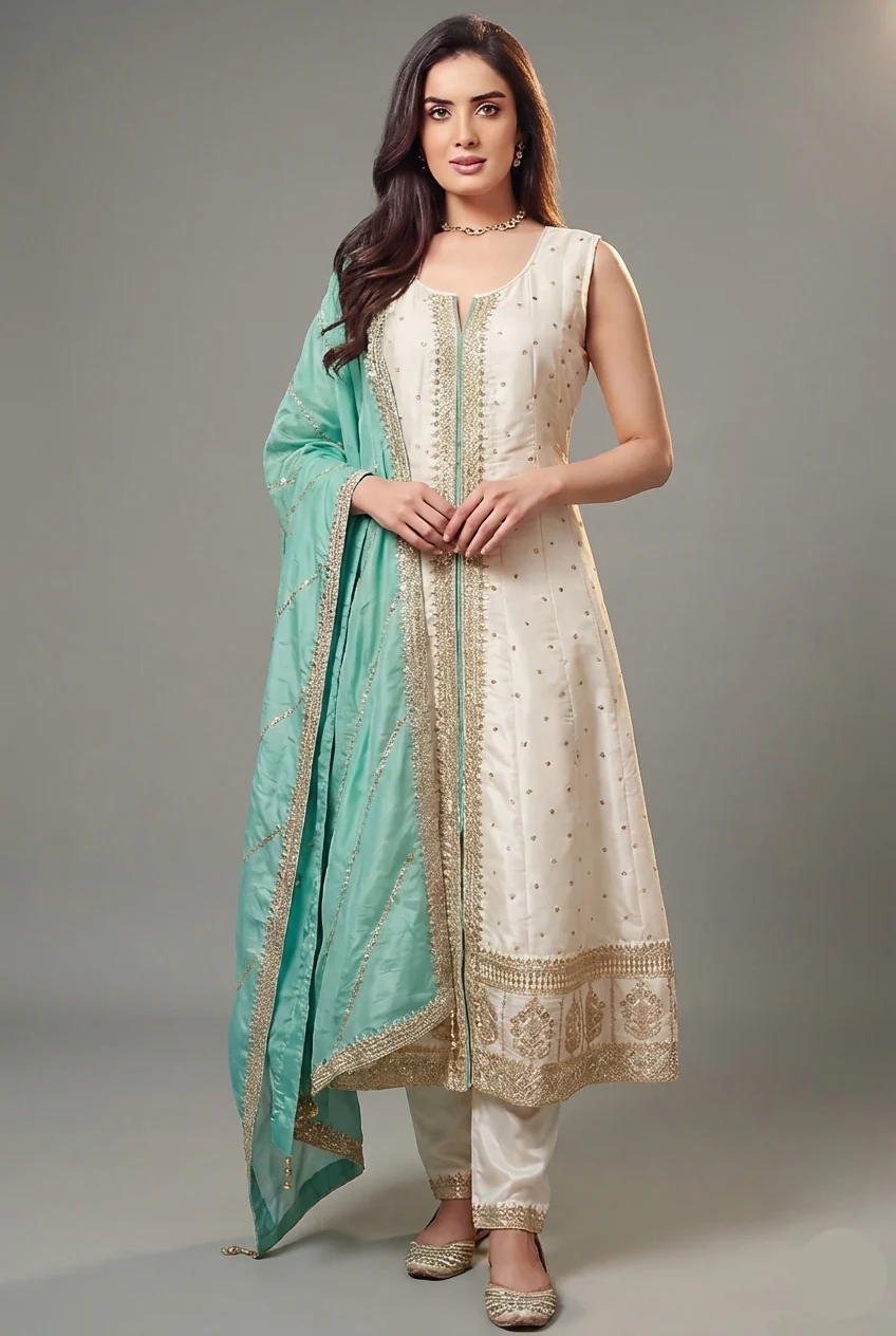 Cream Art Silk Sequin Embroidery Worked Suit