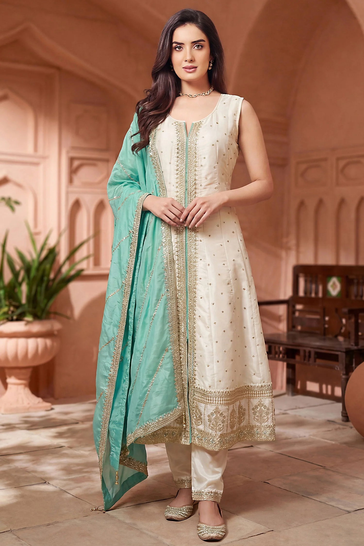 Cream Art Silk Sequin Embroidery Worked Suit - Image 2