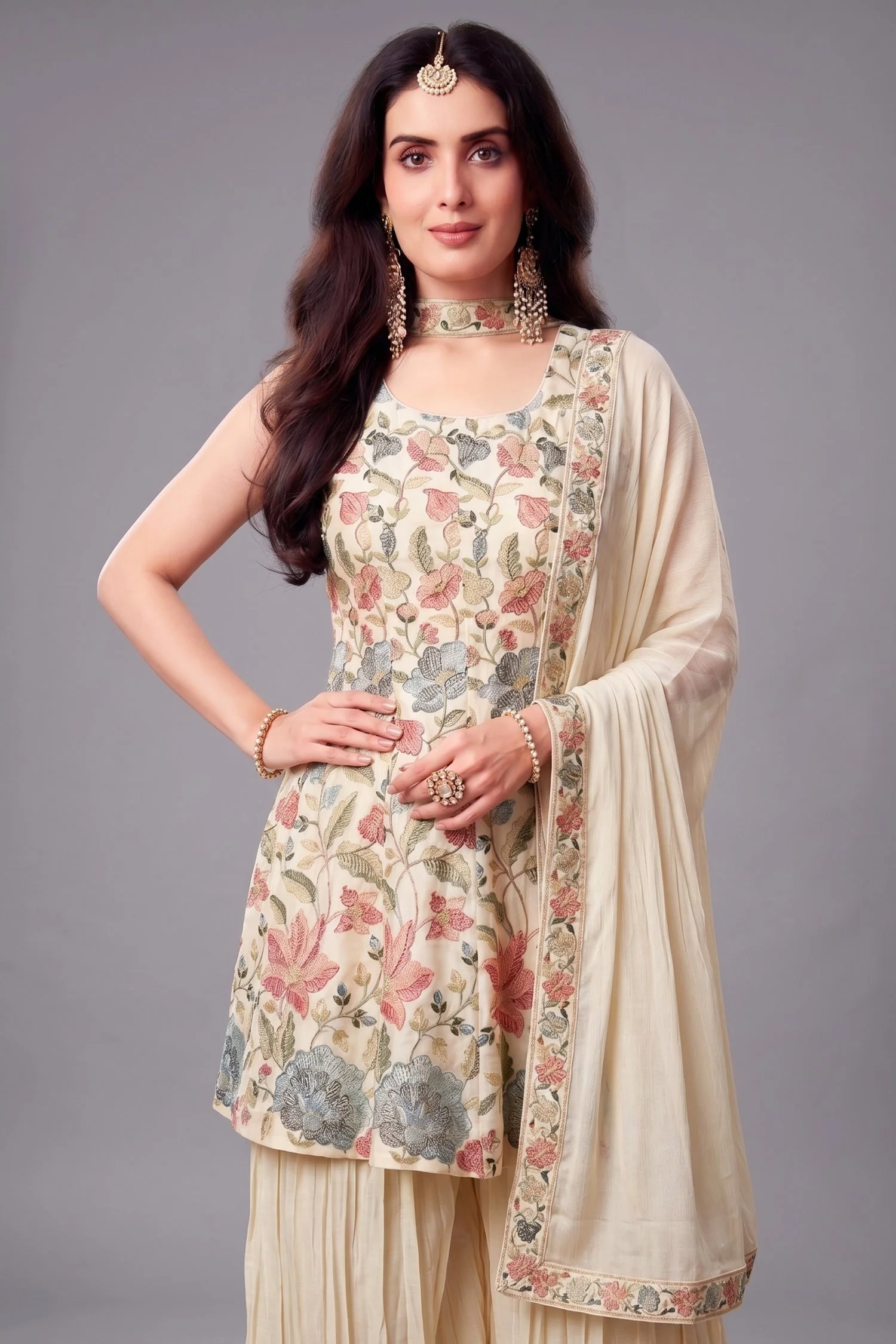 Cream Chinon Chiffon Floral Embroidered and Sequin Worked Suit - Image 2