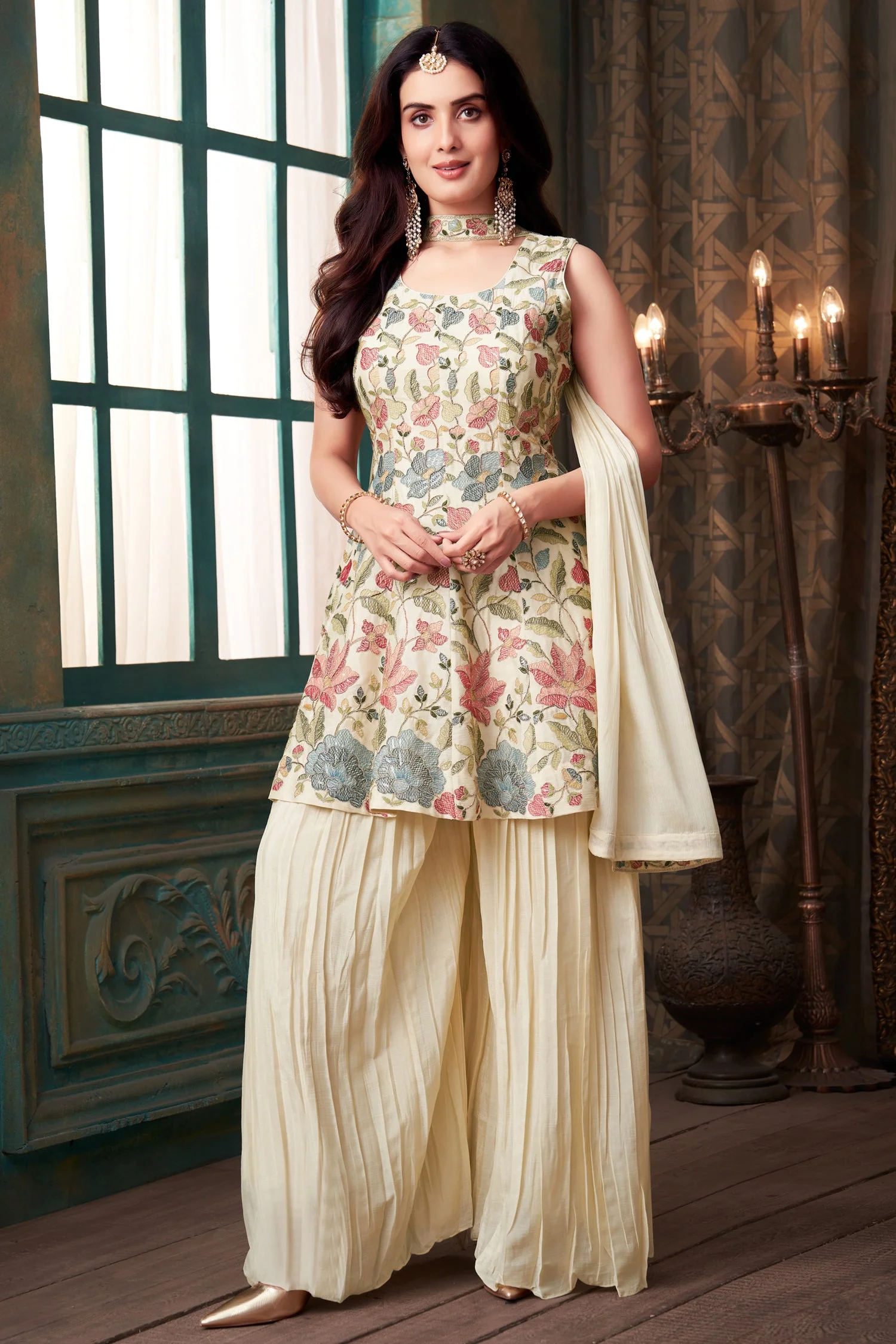 Cream Chinon Chiffon Floral Embroidered and Sequin Worked Suit - Image 3