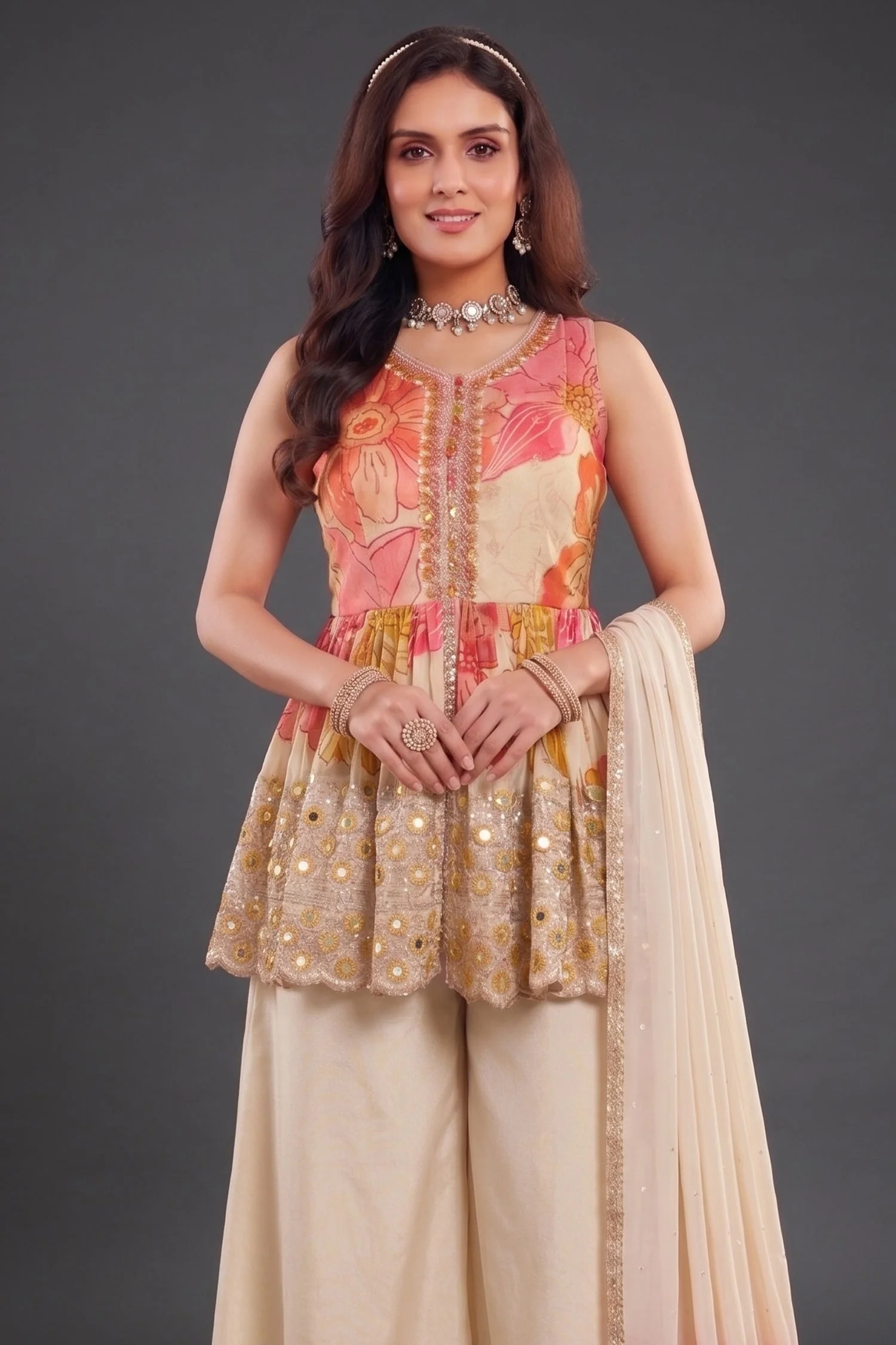 Cream Chinon Crepe Silk Floral Printed Peplum Mirror Worked Palazzo Suit - Image 2
