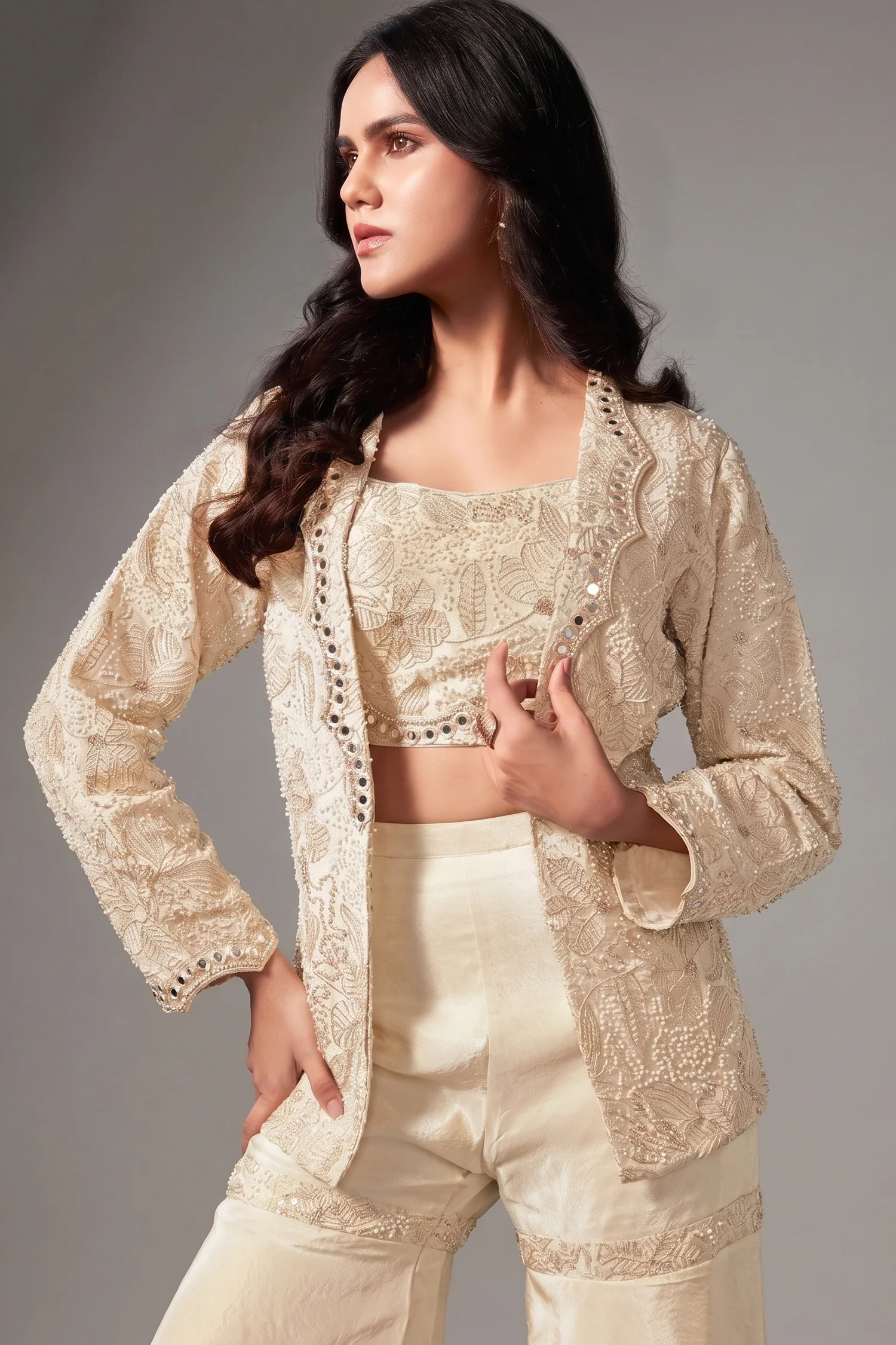 Cream Chinon Crop Top Sharara Set with Beaded Embroidered Blazer - Image 2