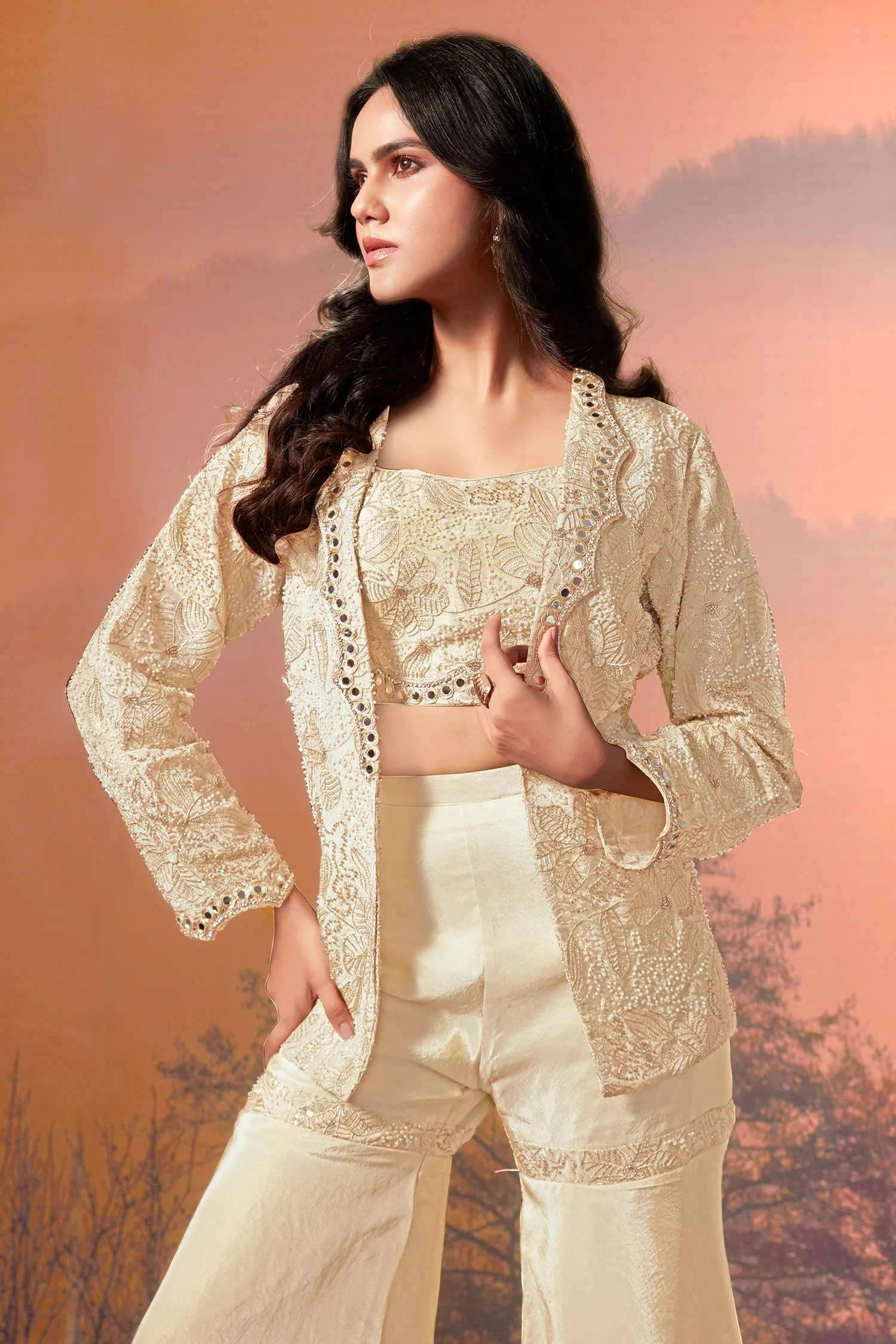 Cream Chinon Crop Top Sharara Set with Beaded Embroidered Blazer - Image 4