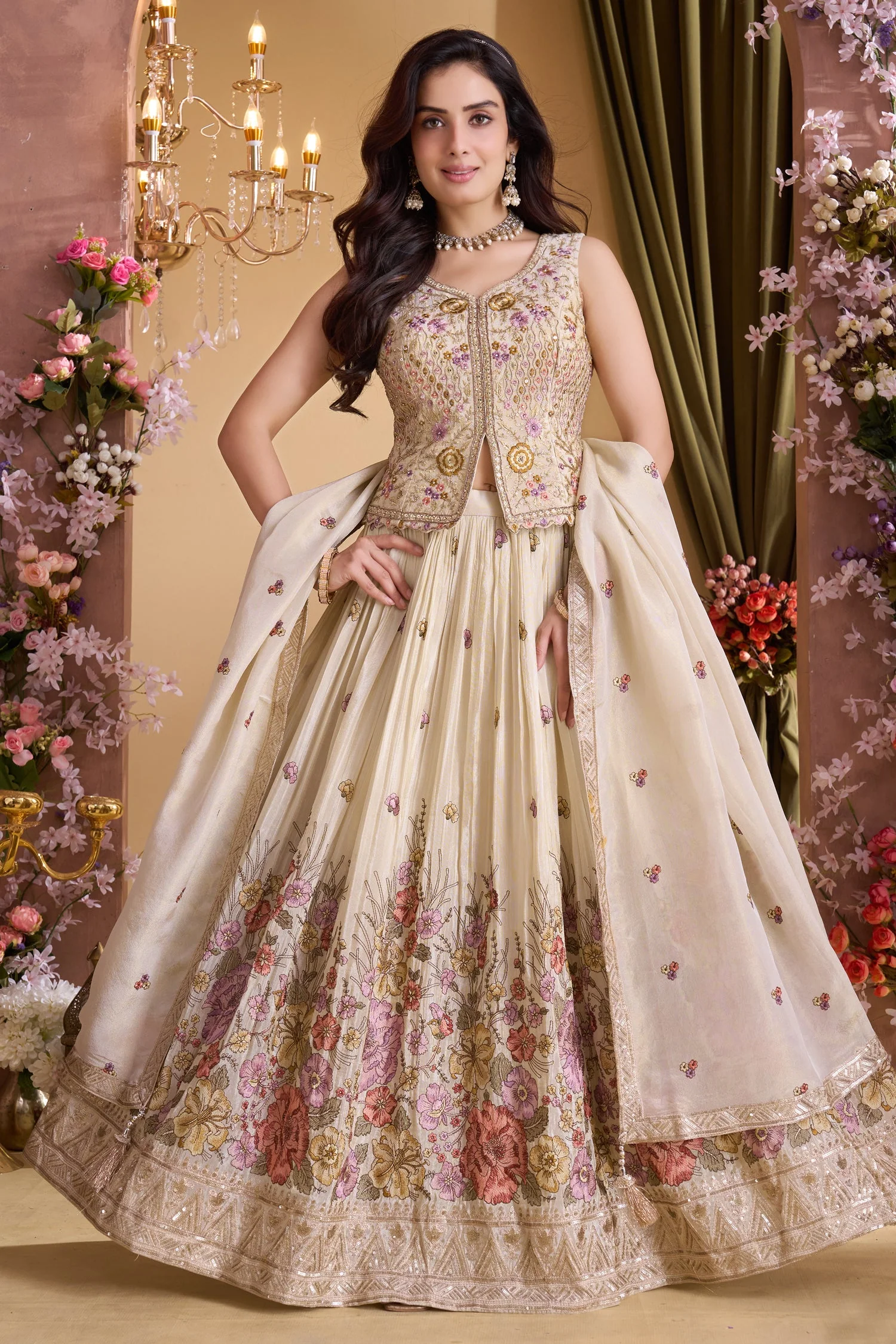 Cream Chinon Floral Embroidered Lehenga with Long Blouse - Image 3