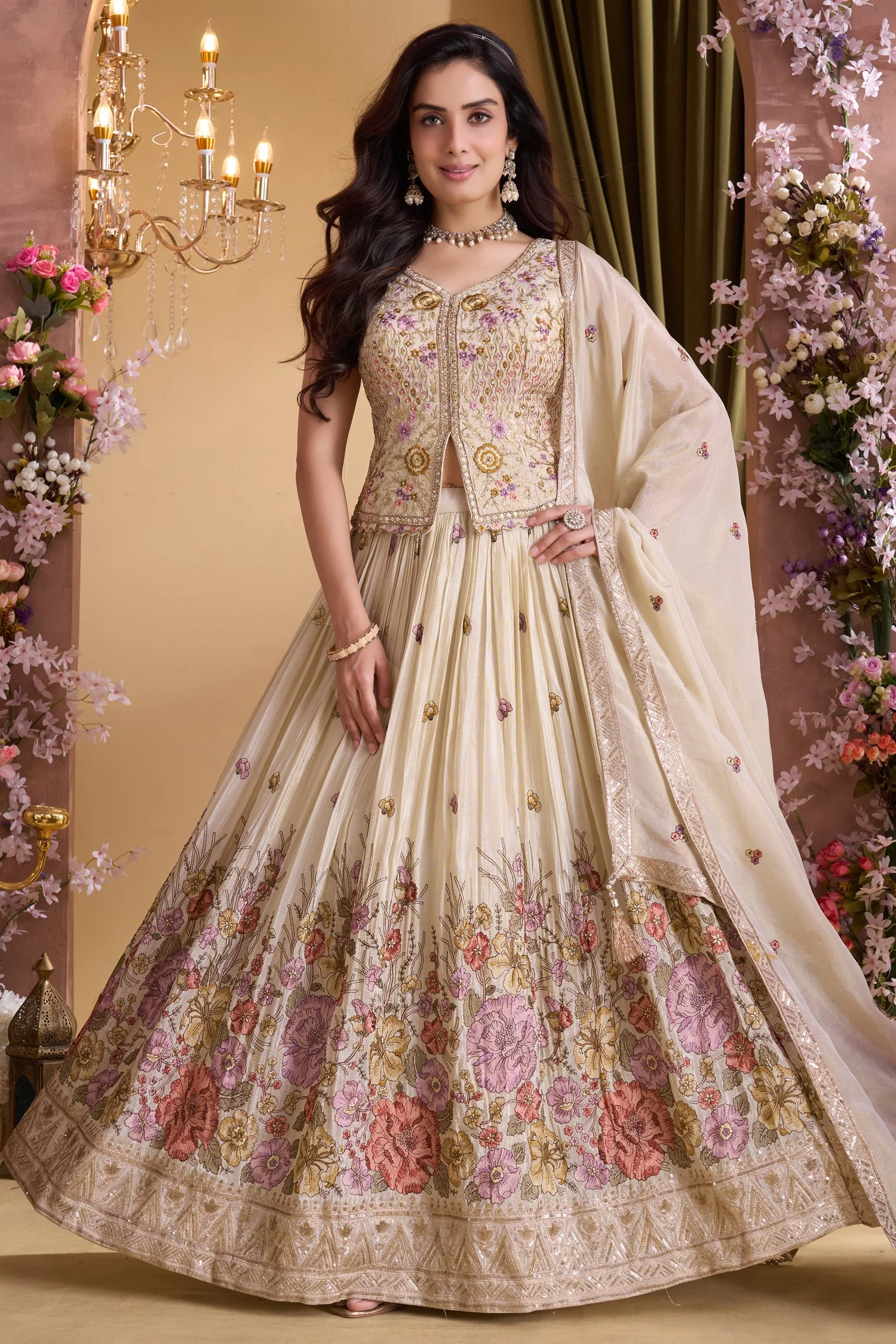 Cream Chinon Floral Embroidered Lehenga with Long Blouse - Image 4
