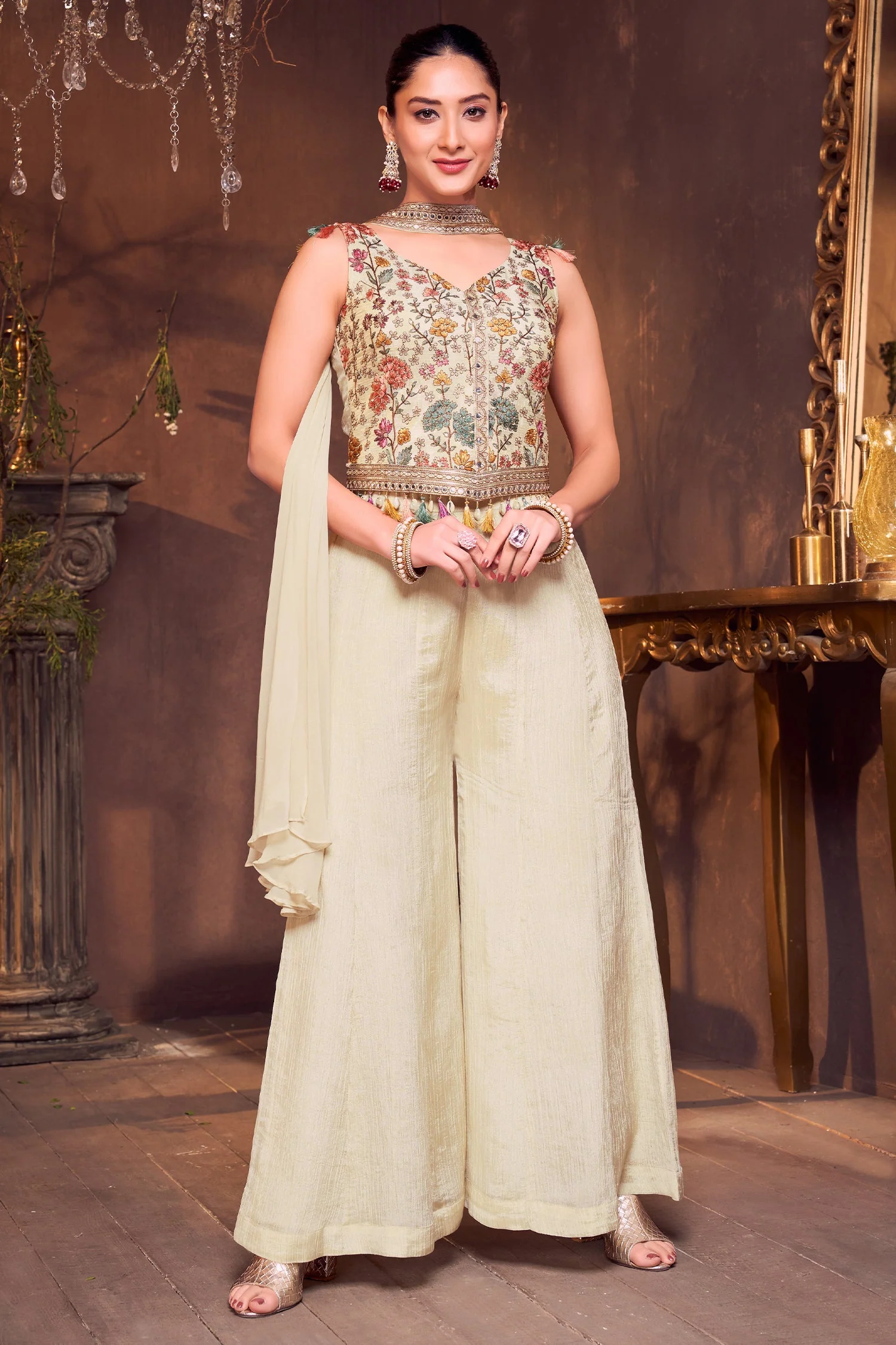 Cream Chinon Floral Embroidered Palazzo Set - Image 2