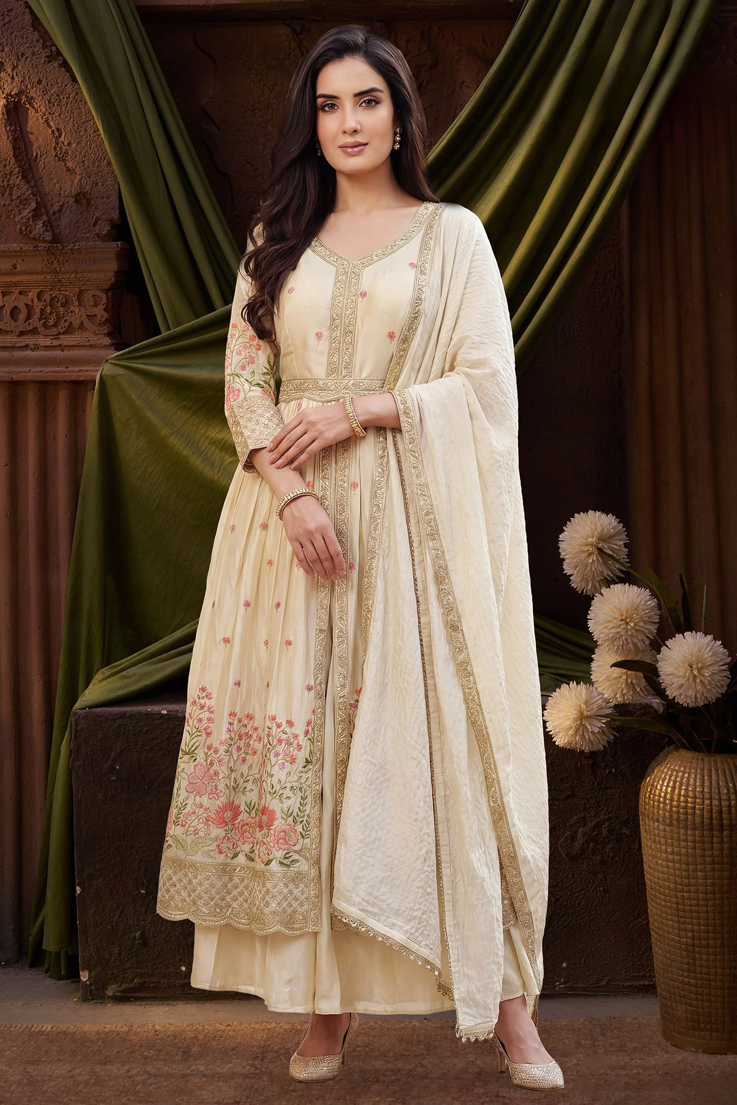 Cream Chinon Floral Embroidered Slit Cut Palazzo Suit - Image 2