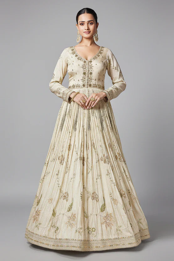 Cream Chinon Floral Embroidery and Sequin and Mirror Worked Anarkali Suit