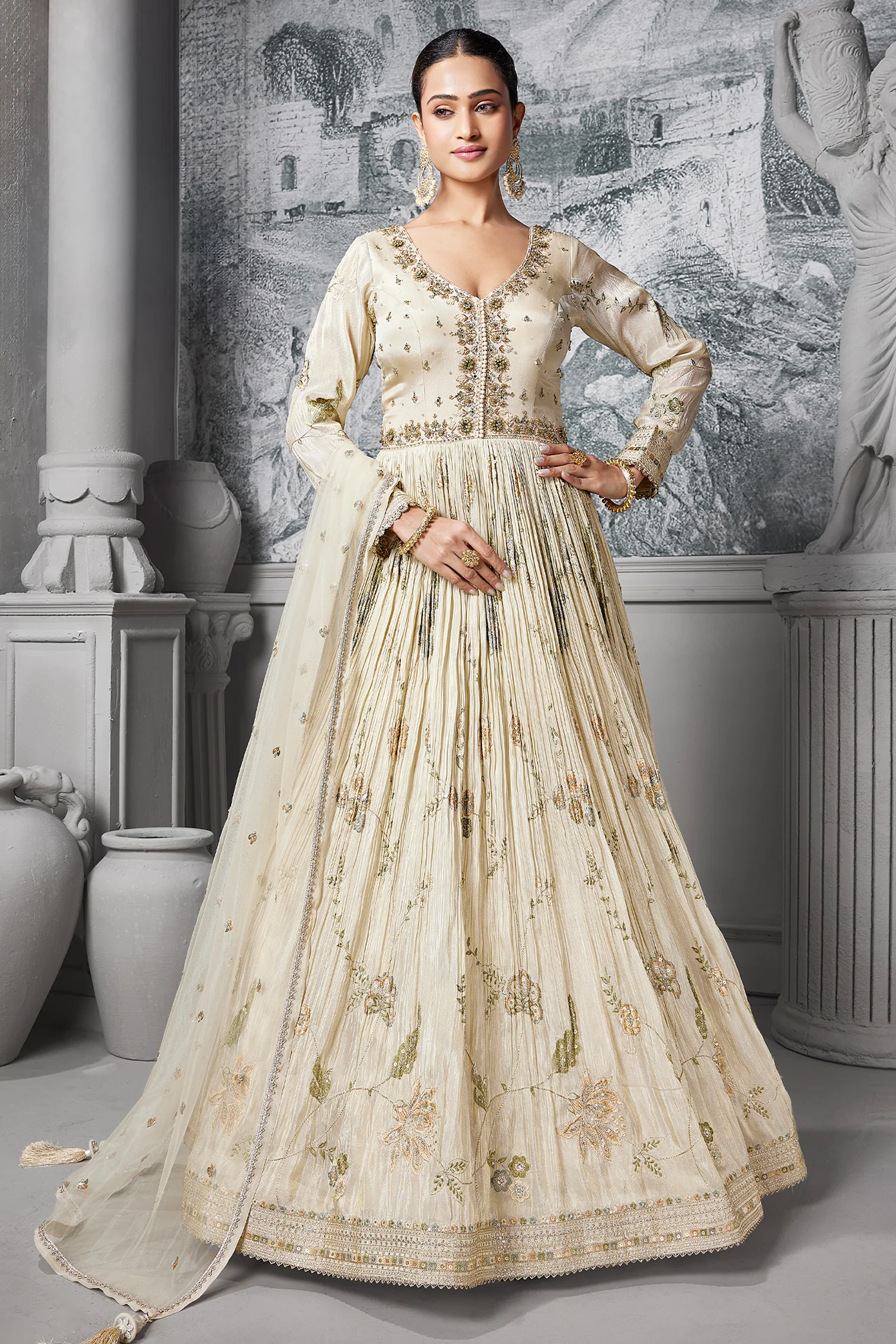 Cream Chinon Floral Embroidery and Sequin and Mirror Worked Anarkali Suit - Image 2