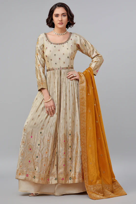 Cream Chinon Georgette Woven Slit Cut Palazzo Suit