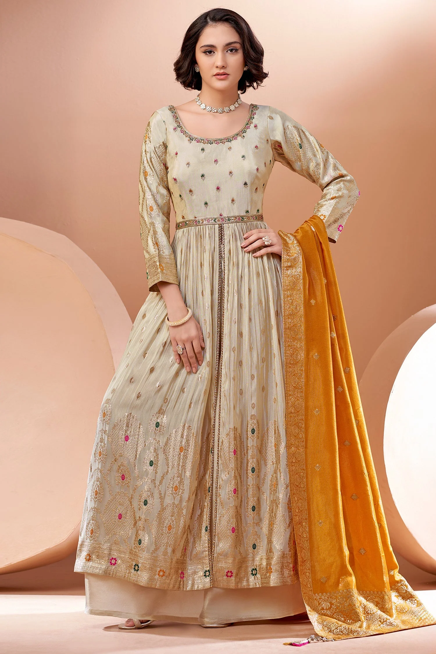 Cream Chinon Georgette Woven Slit Cut Palazzo Suit - Image 2