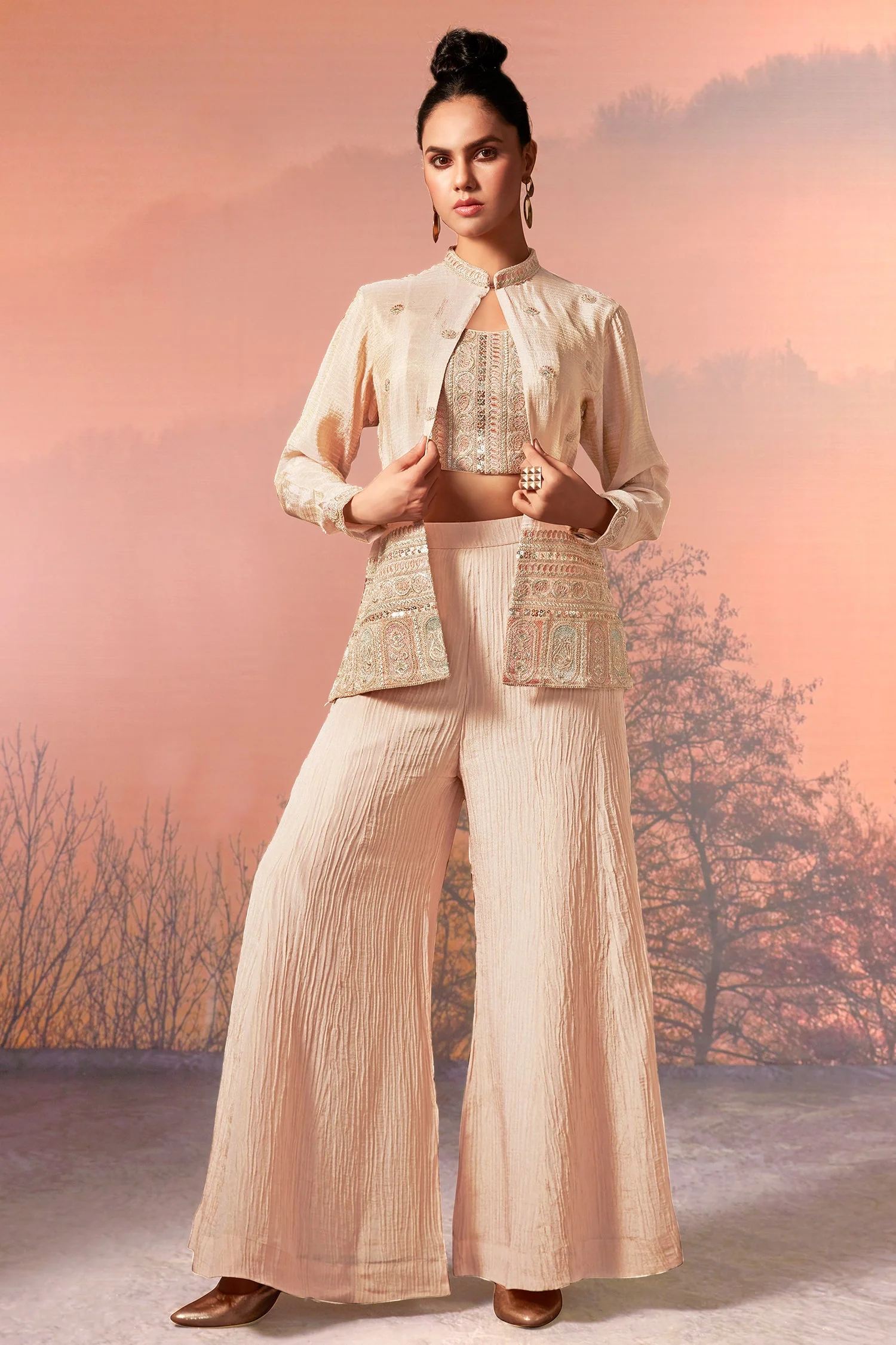 Cream Chinon Sequin Embroidered Crop Top Palazzo Set with Jacket - Image 2