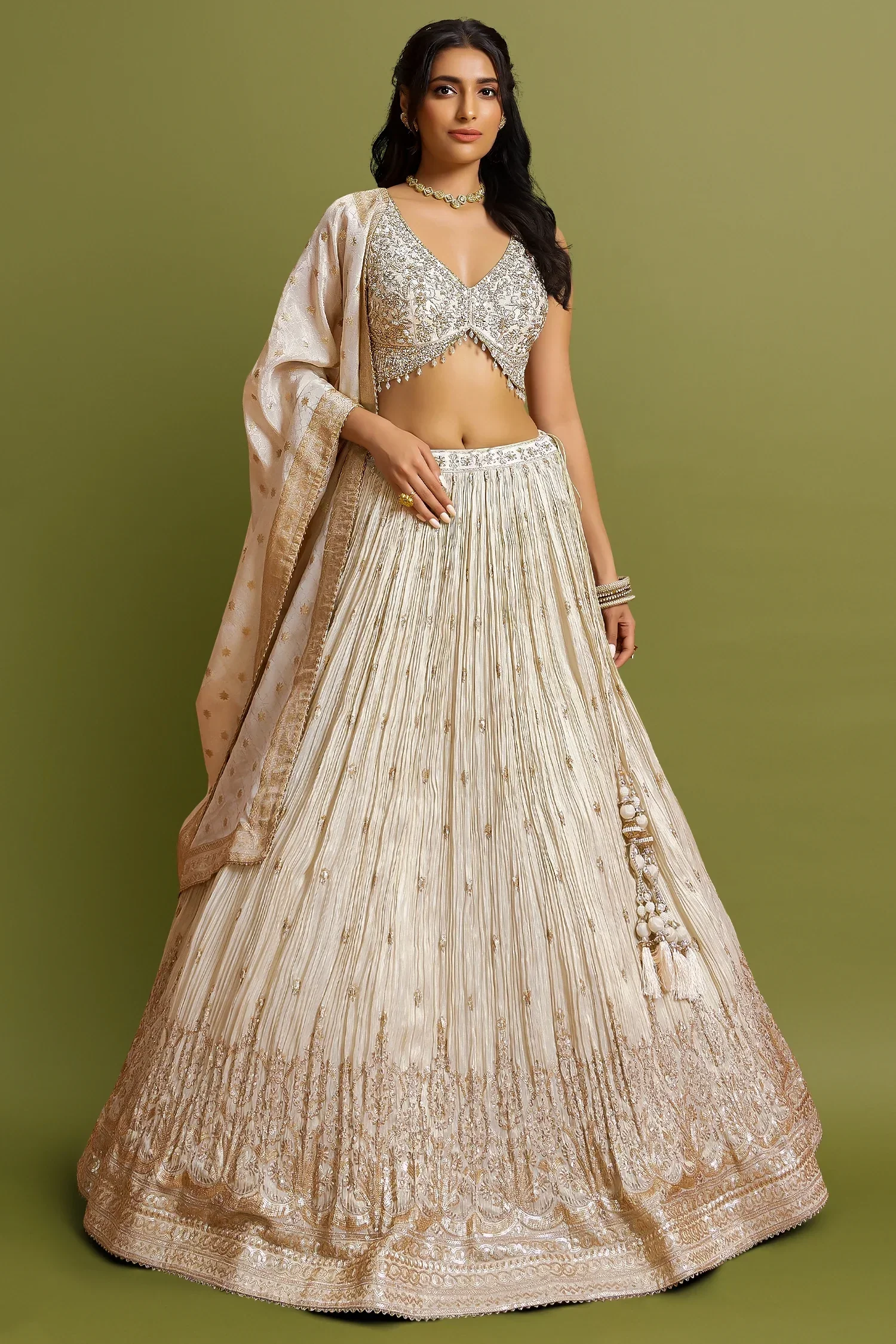 Cream Chinon Sequinned Flared Lehenga