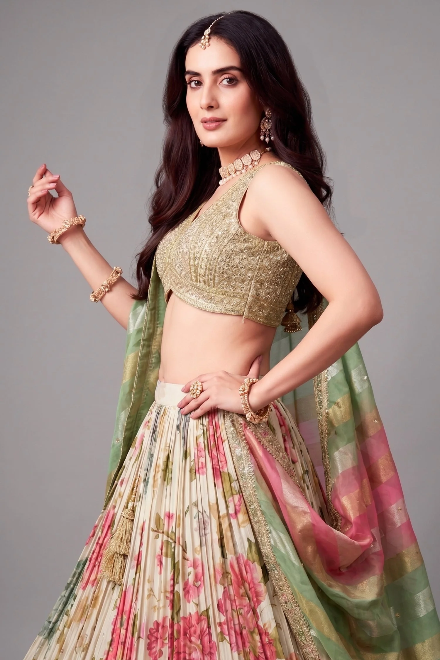 Cream Chinon Silk Floral Digital Printed Lehenga - Image 2