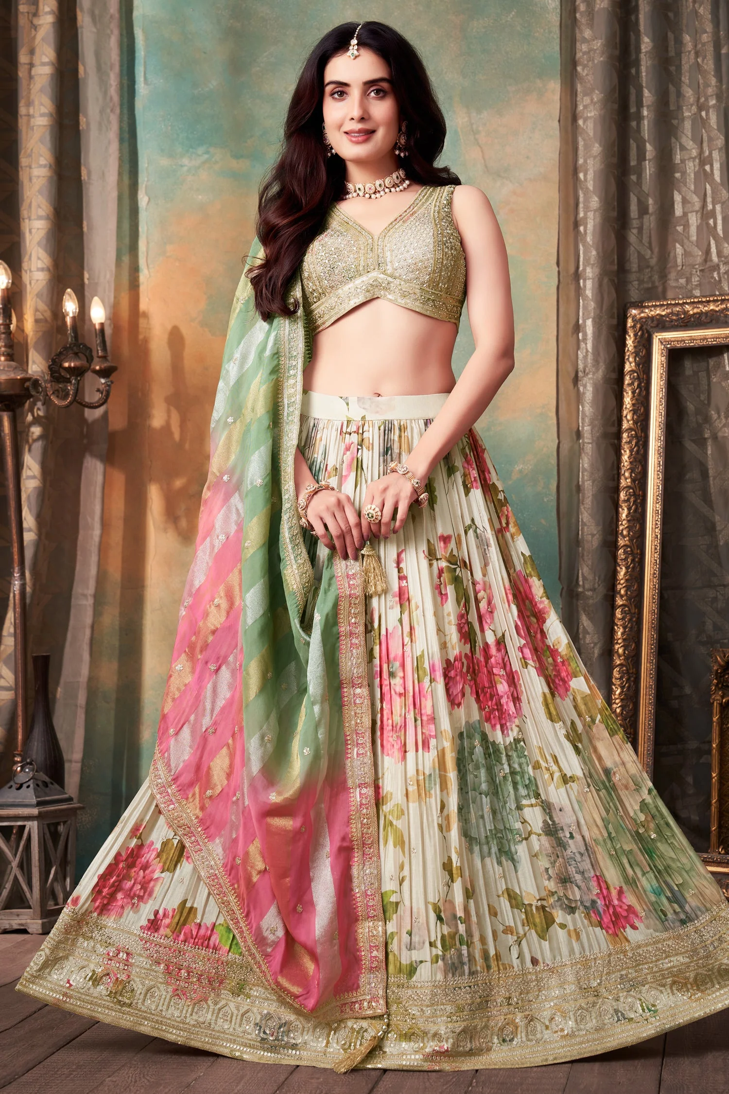 Cream Chinon Silk Floral Digital Printed Lehenga - Image 3
