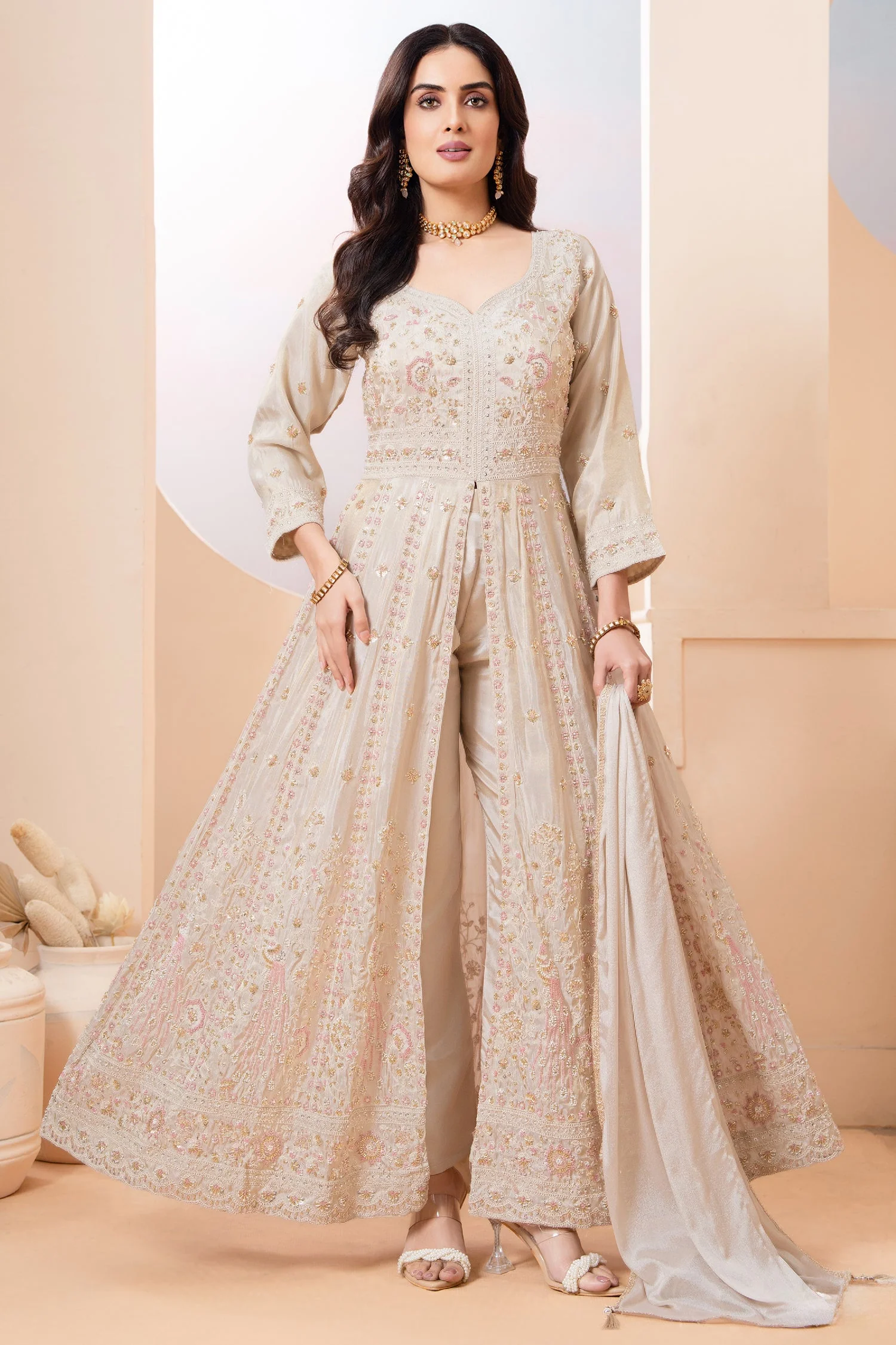 Cream Chinon Slit Cut Sequin Beaded Suit - Image 2