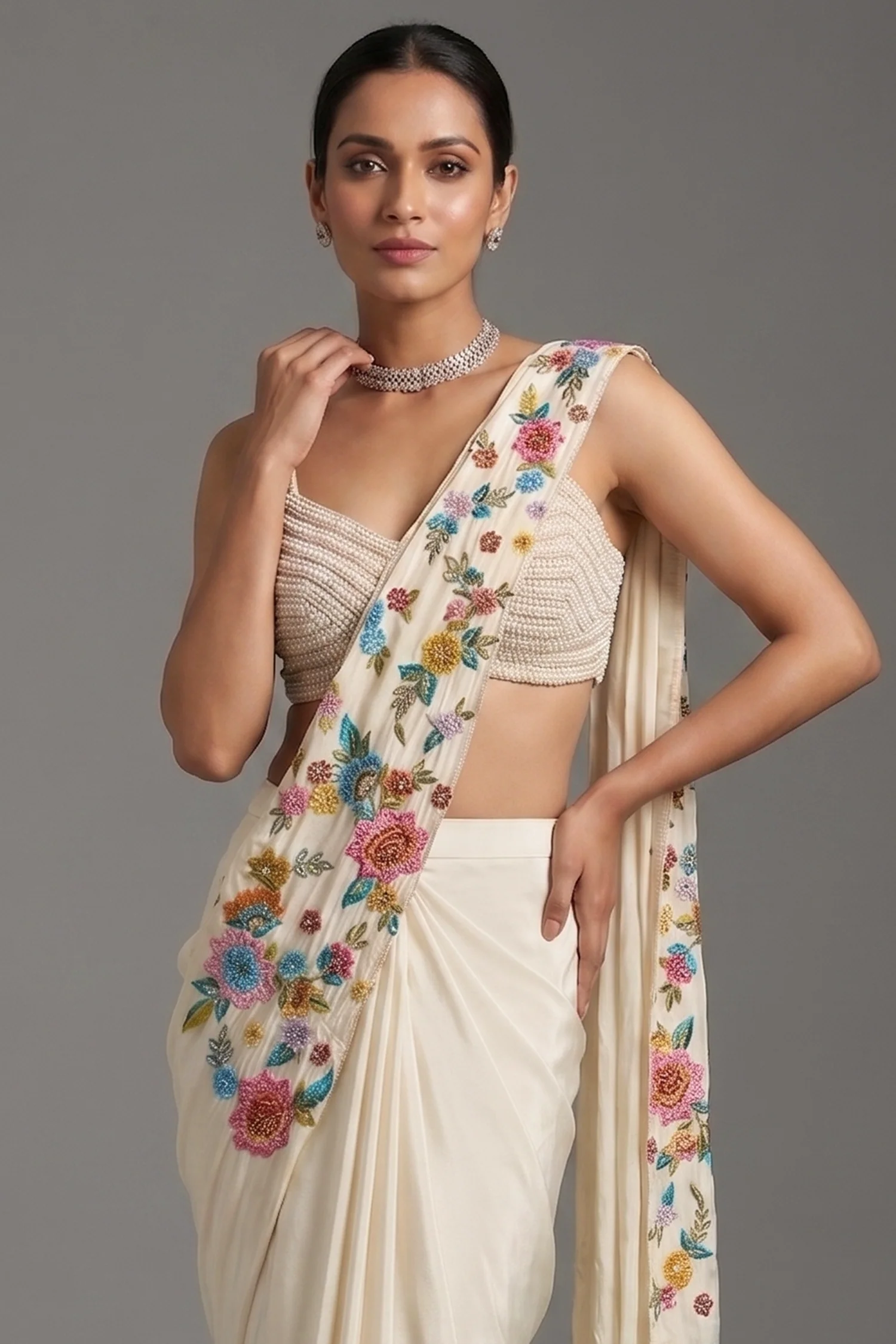 Cream Crepe Satin Silk Floral Embroidered Readymade Saree - Image 2
