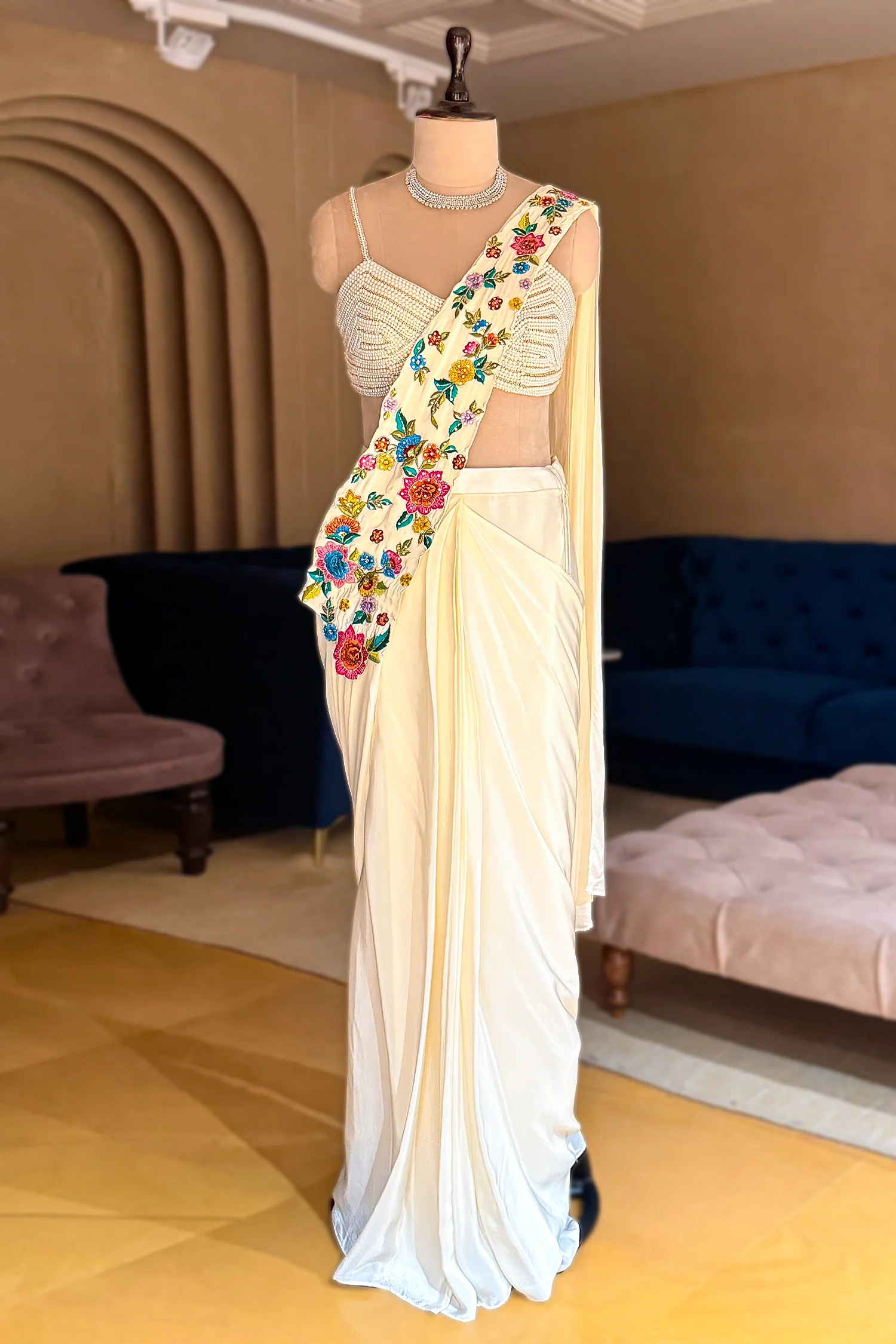 Cream Crepe Satin Silk Floral Embroidered Readymade Saree - Image 3