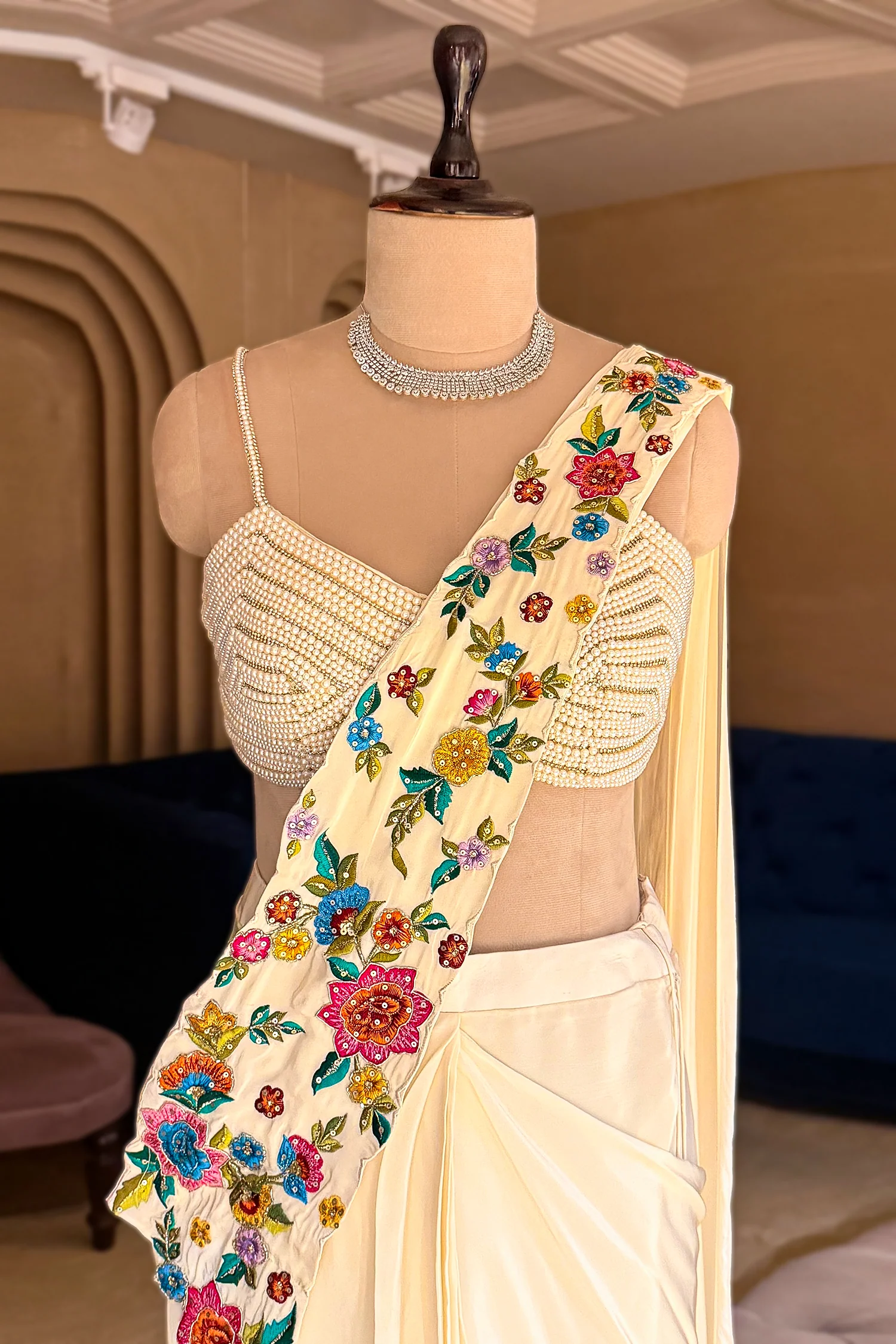 Cream Crepe Satin Silk Floral Embroidered Readymade Saree - Image 4
