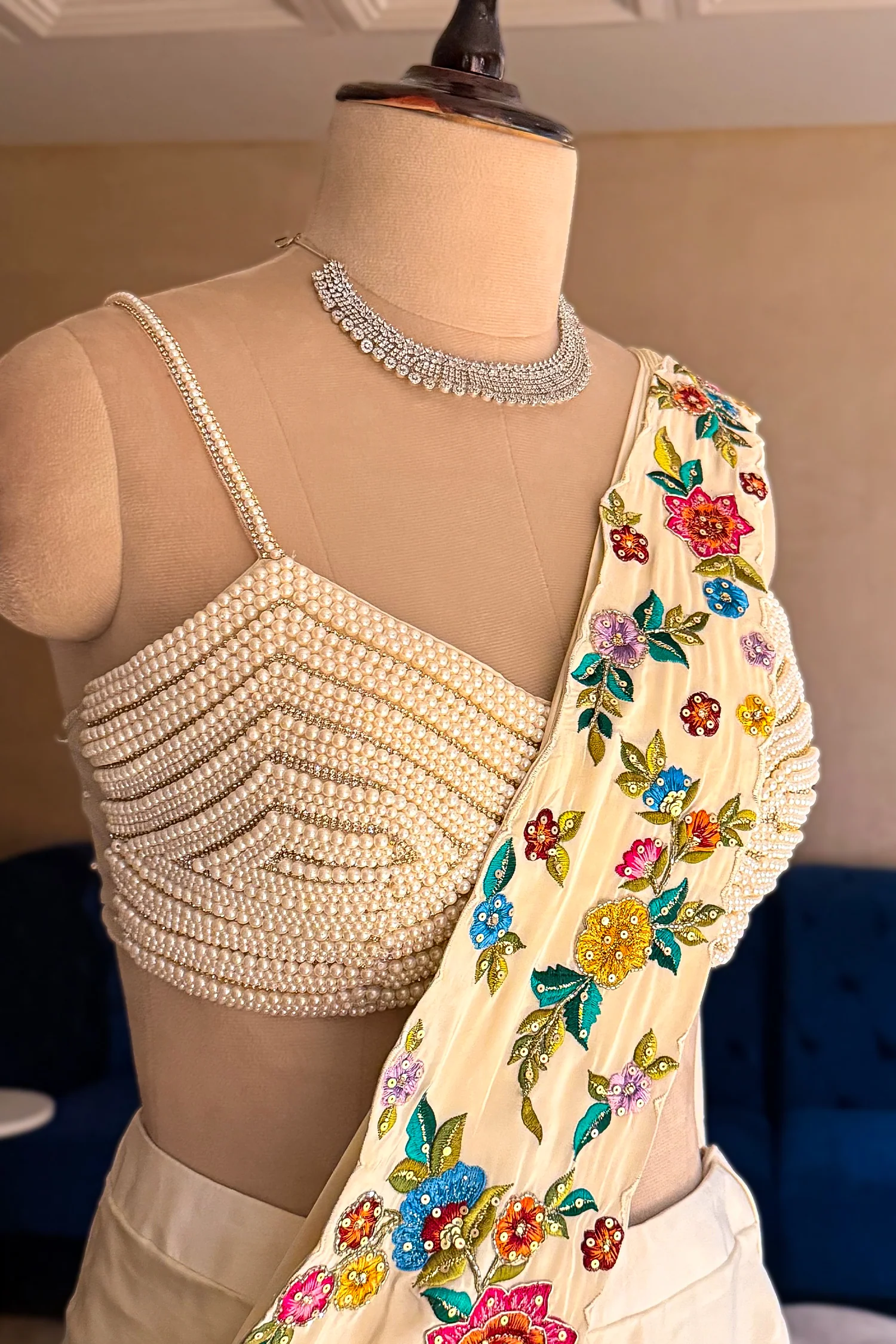 Cream Crepe Satin Silk Floral Embroidered Readymade Saree - Image 5