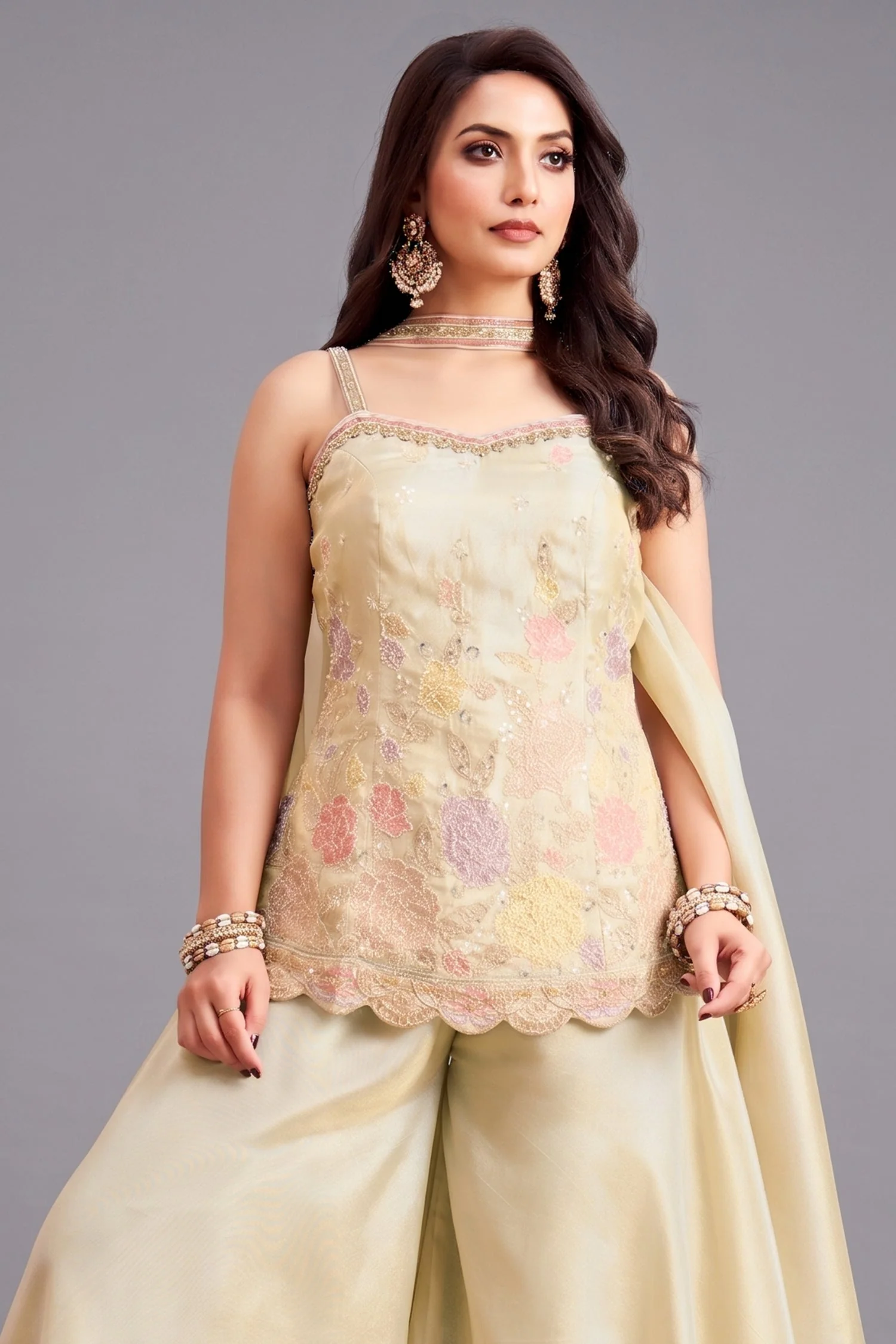 Cream Crepe Silk Beaded Floral Worked Palazzo Suit - Image 2