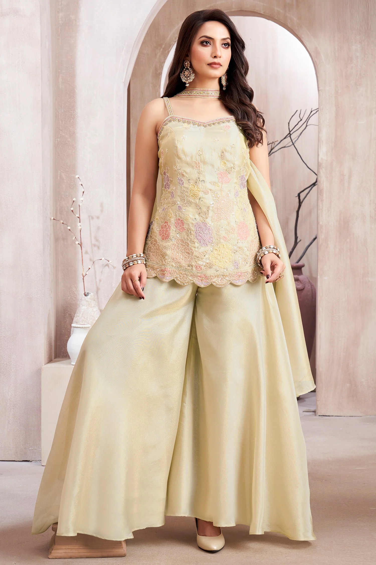 Cream Crepe Silk Beaded Floral Worked Palazzo Suit - Image 3