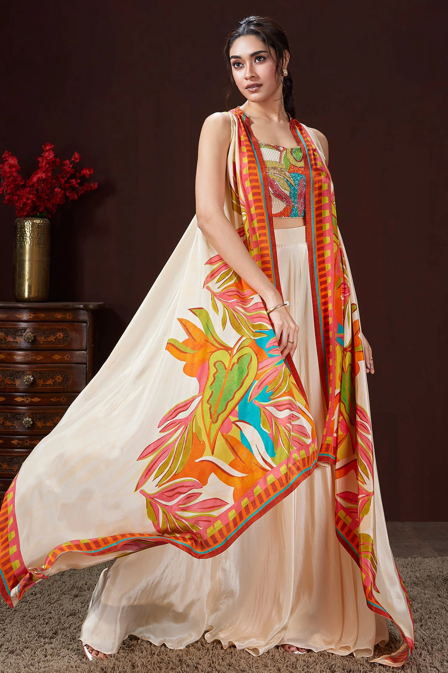 Cream Crepe Silk Cutdana Sequin Worked Crop Top Palazzo Set with Cape Jacket - Image 2