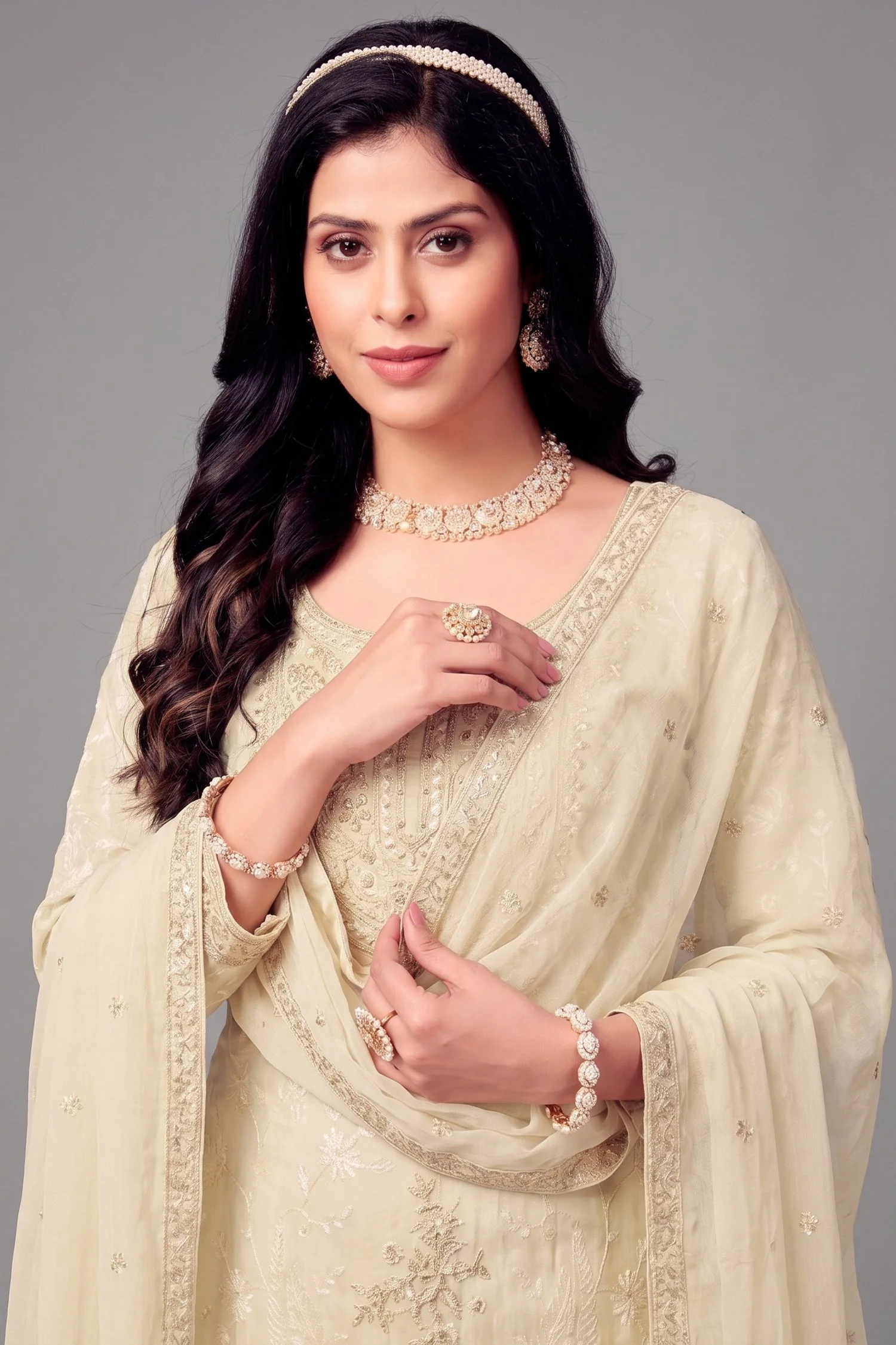 Cream Crepe Silk Sequin Embroidered Sharara Suit - Image 2
