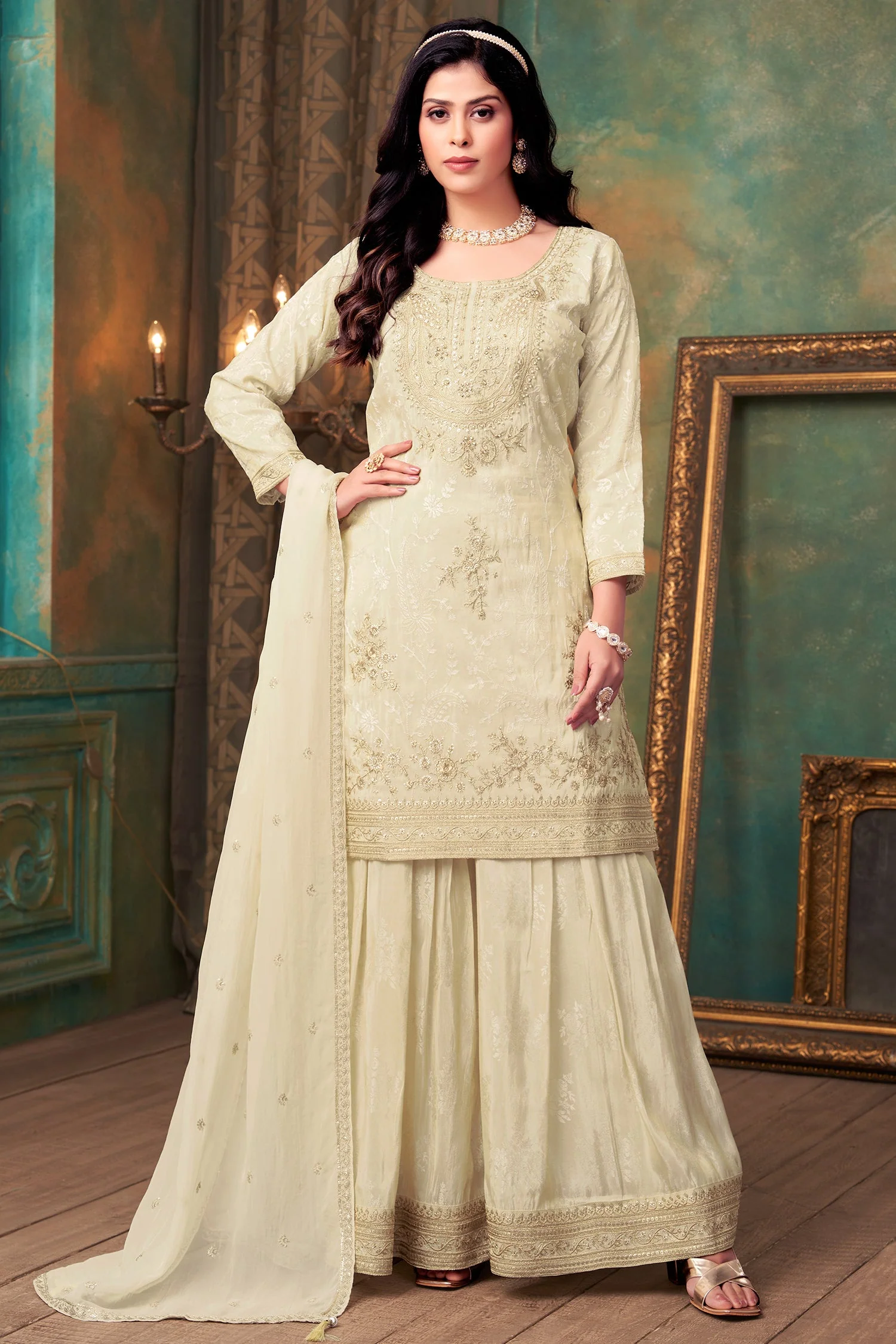 Cream Crepe Silk Sequin Embroidered Sharara Suit - Image 3