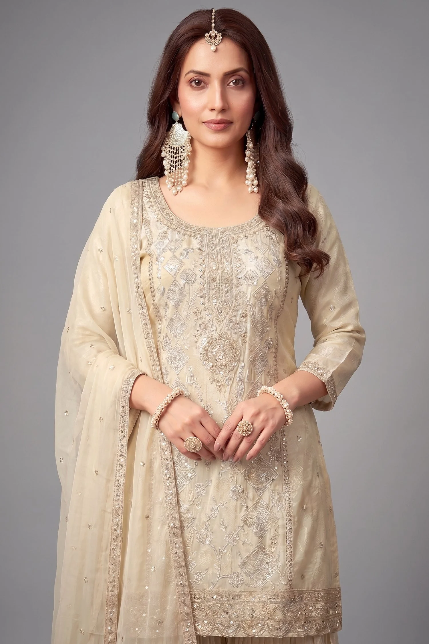 Cream Crepe Silk Sequin Embroidered Sharara Suit - Image 2