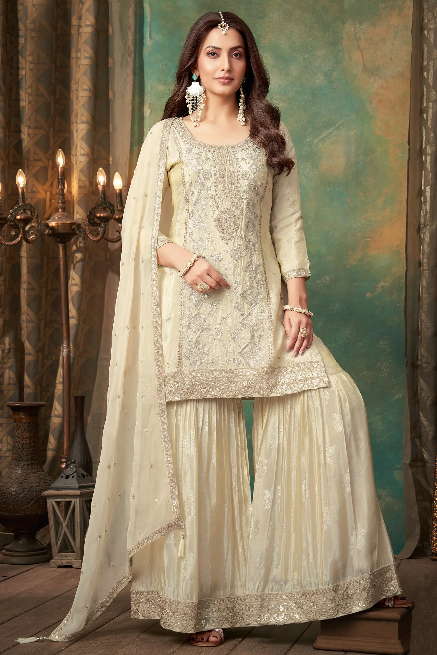 Cream Crepe Silk Sequin Embroidered Sharara Suit - Image 3