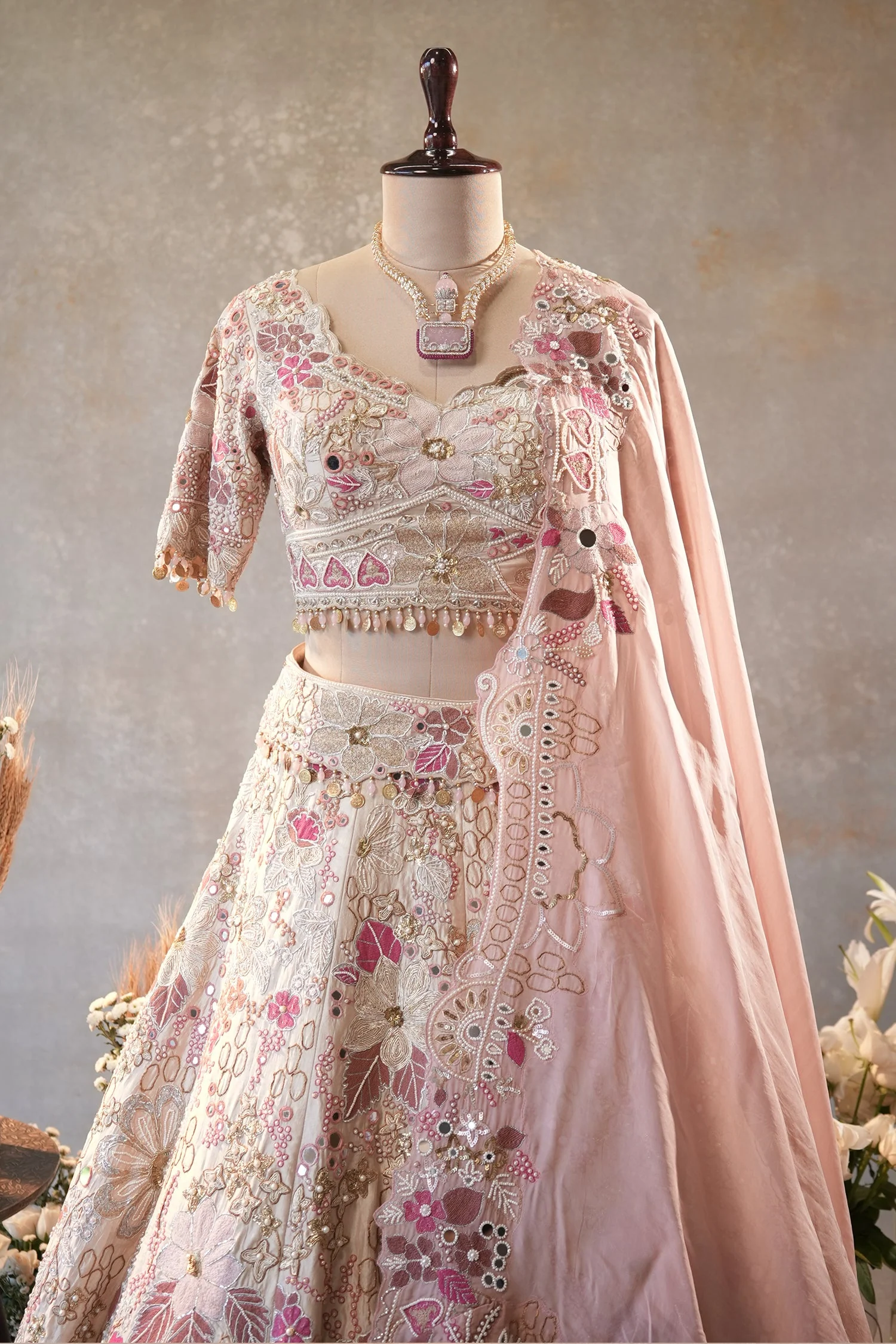 Cream Designer Floral Work Lehenga with Beaded and Mirror Work - Image 4