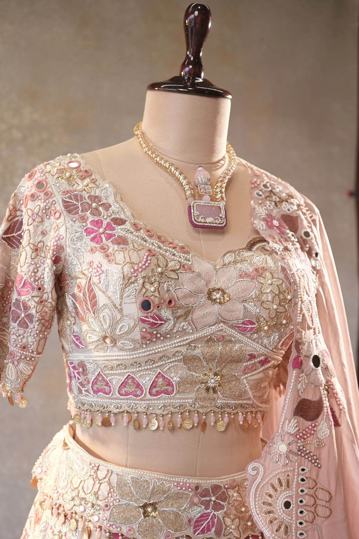 Cream Designer Floral Work Lehenga with Beaded and Mirror Work - Image 5