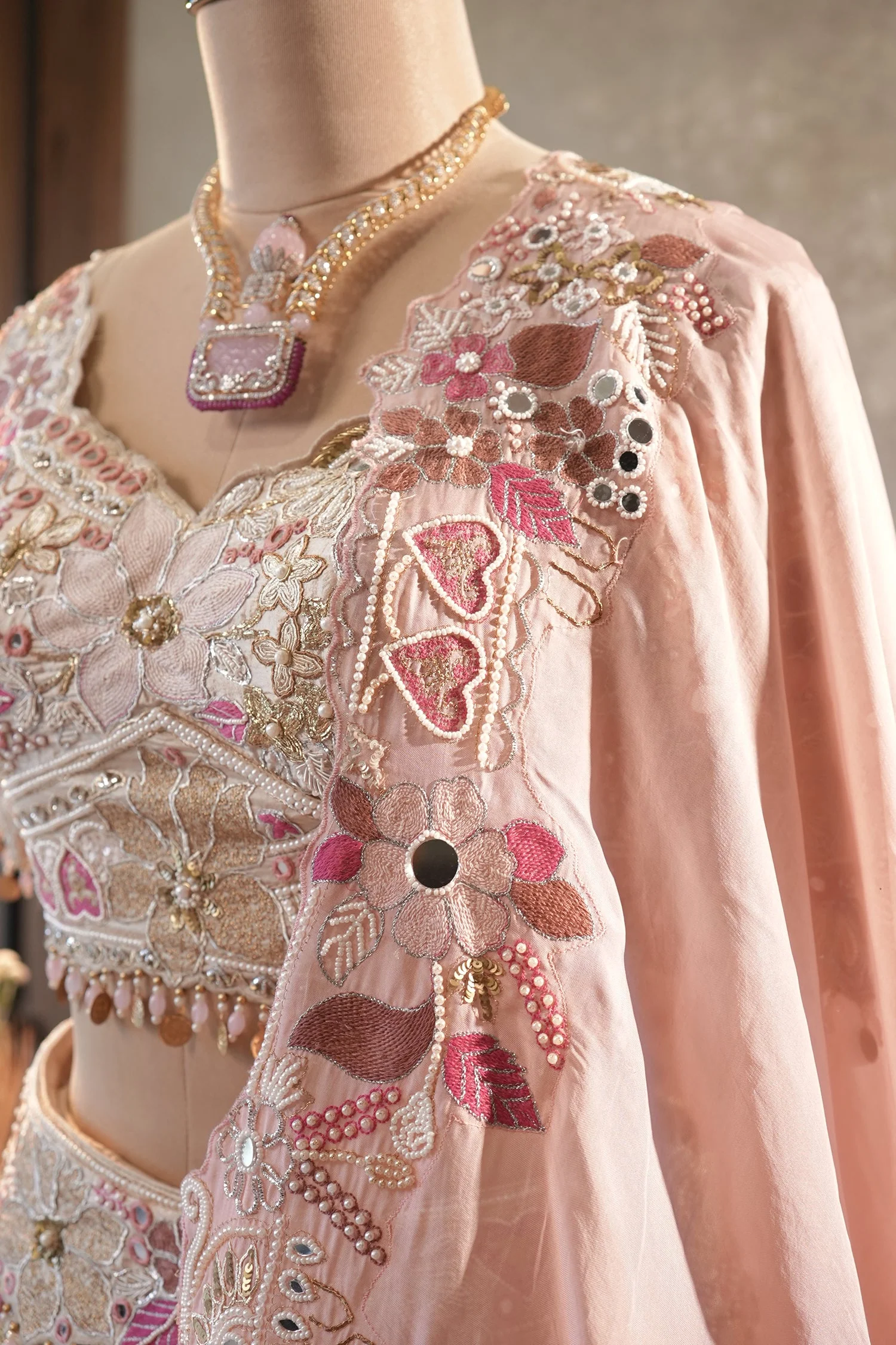 Cream Designer Floral Work Lehenga with Beaded and Mirror Work - Image 6