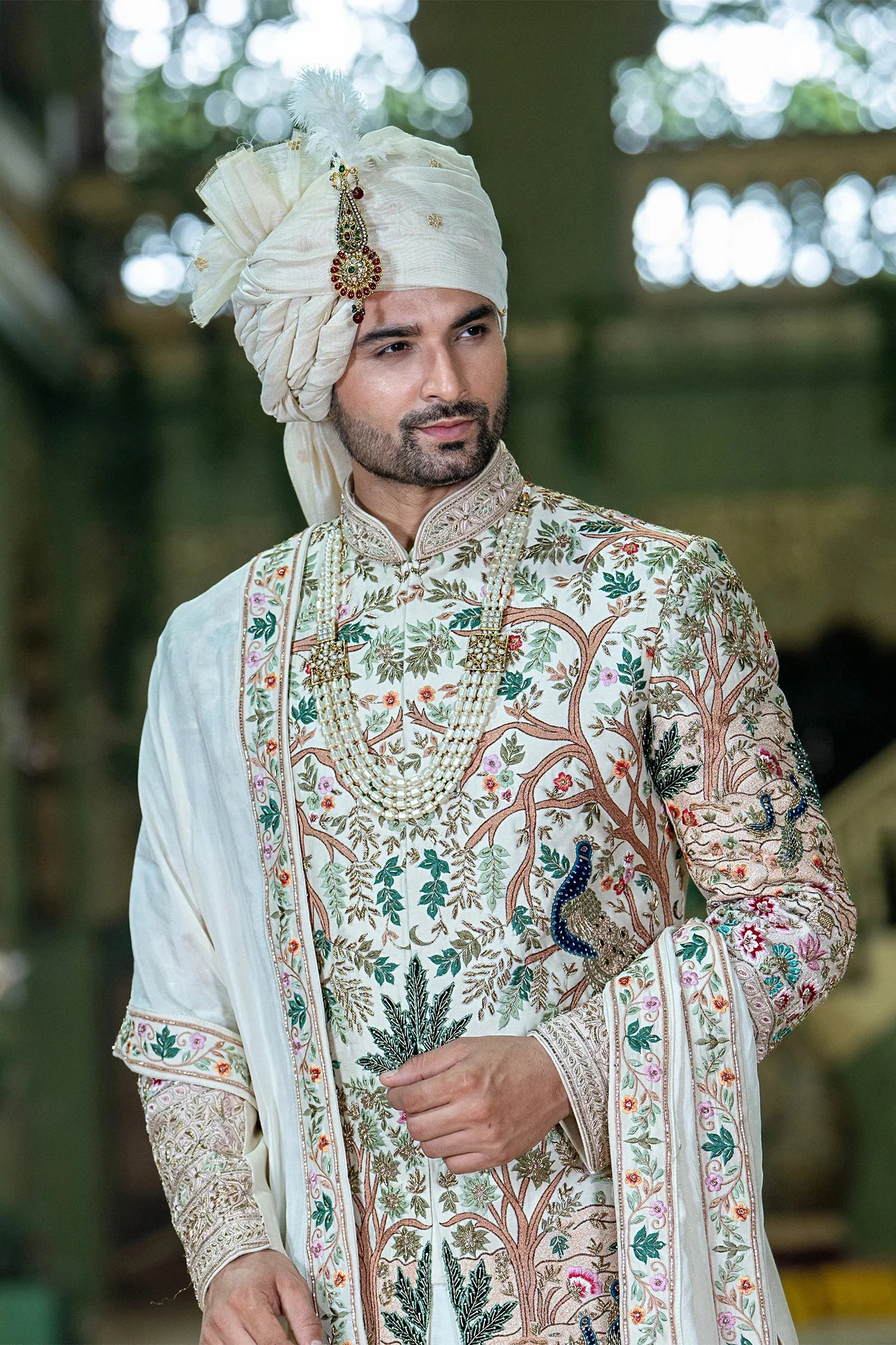 Cream Embroidery and Zardosi Work Sherwani Set in Silk - Image 2