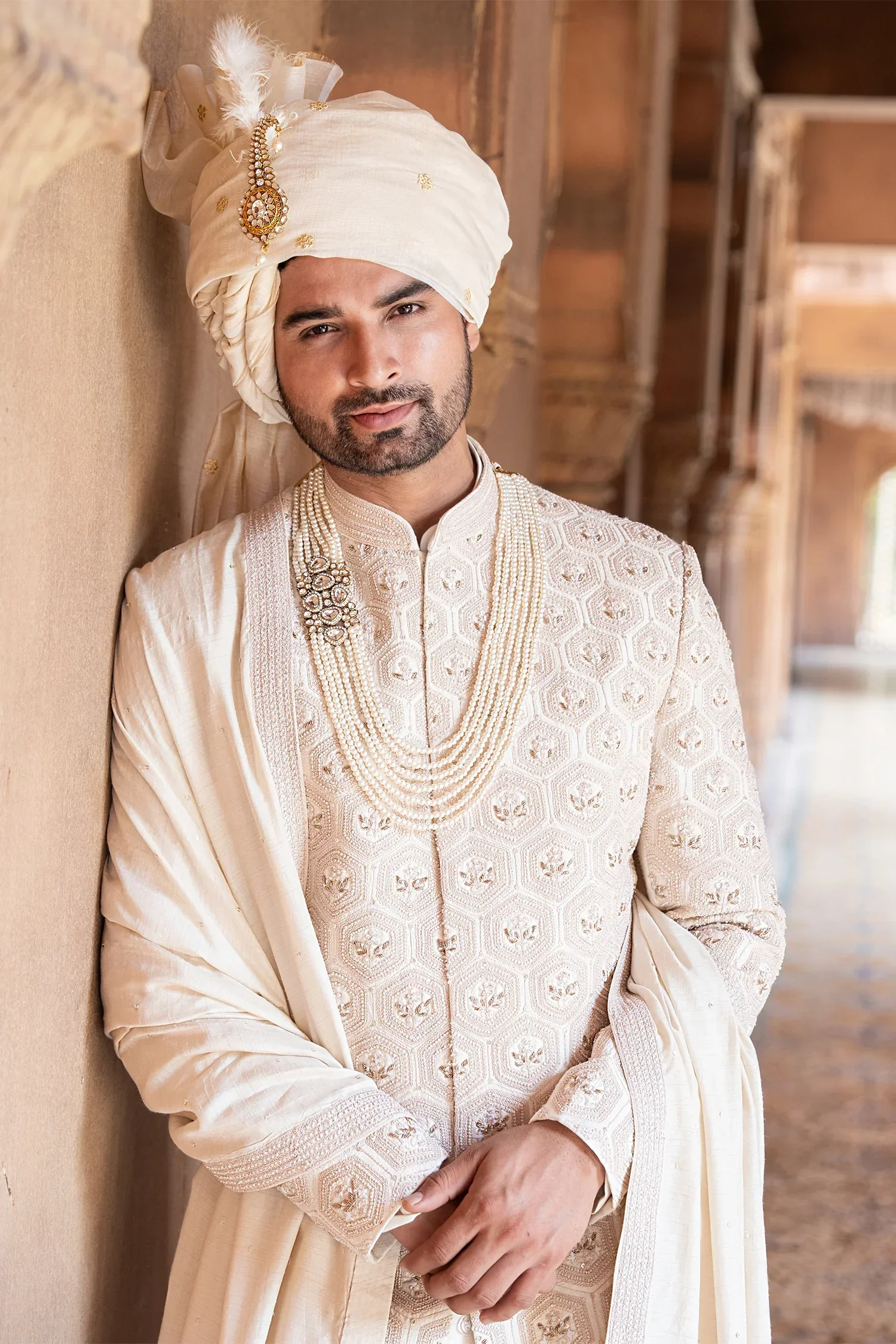 Cream French Knot and Zardosi Work Sherwani Set in Raw Silk - Image 2