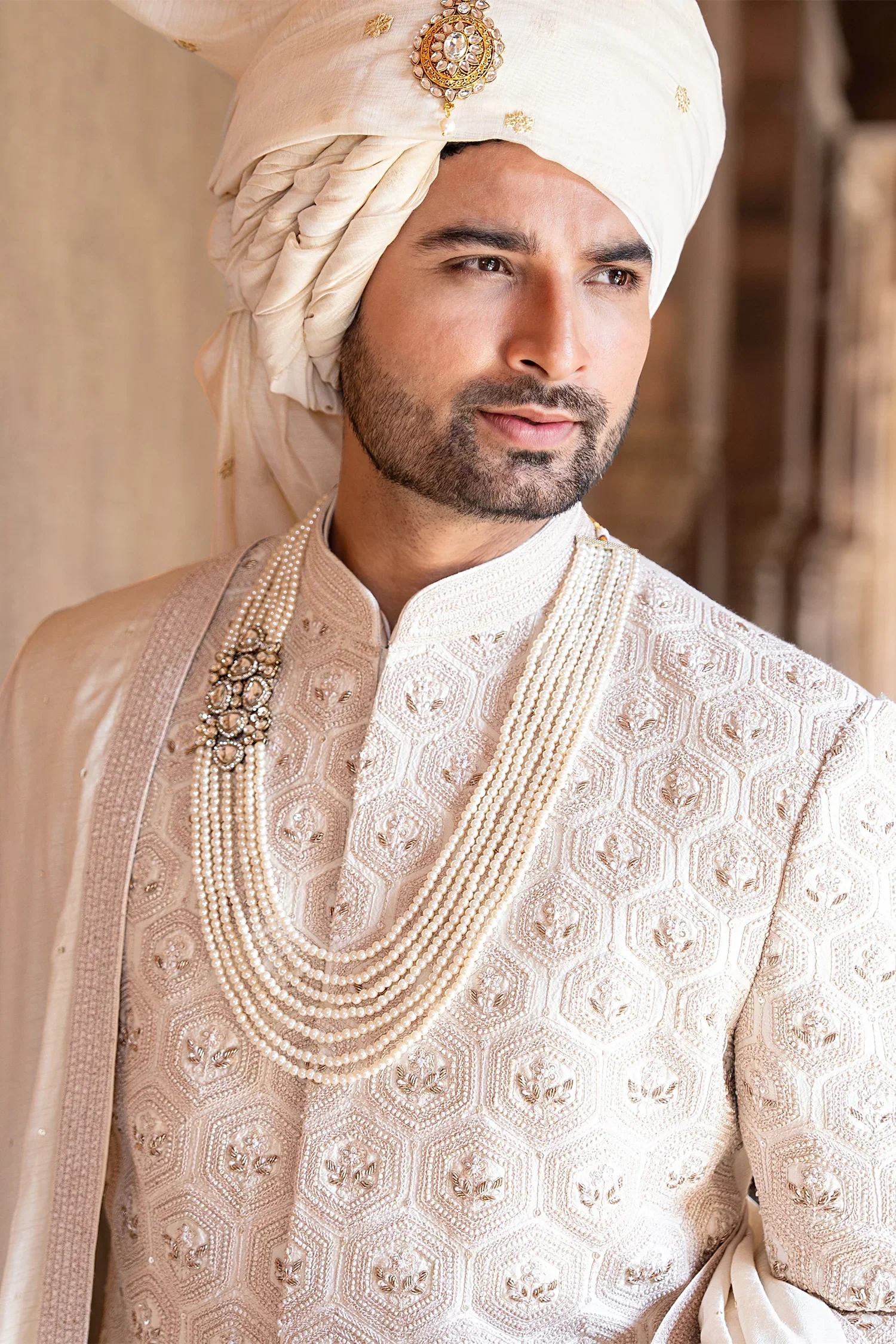 Cream French Knot and Zardosi Work Sherwani Set in Raw Silk - Image 3