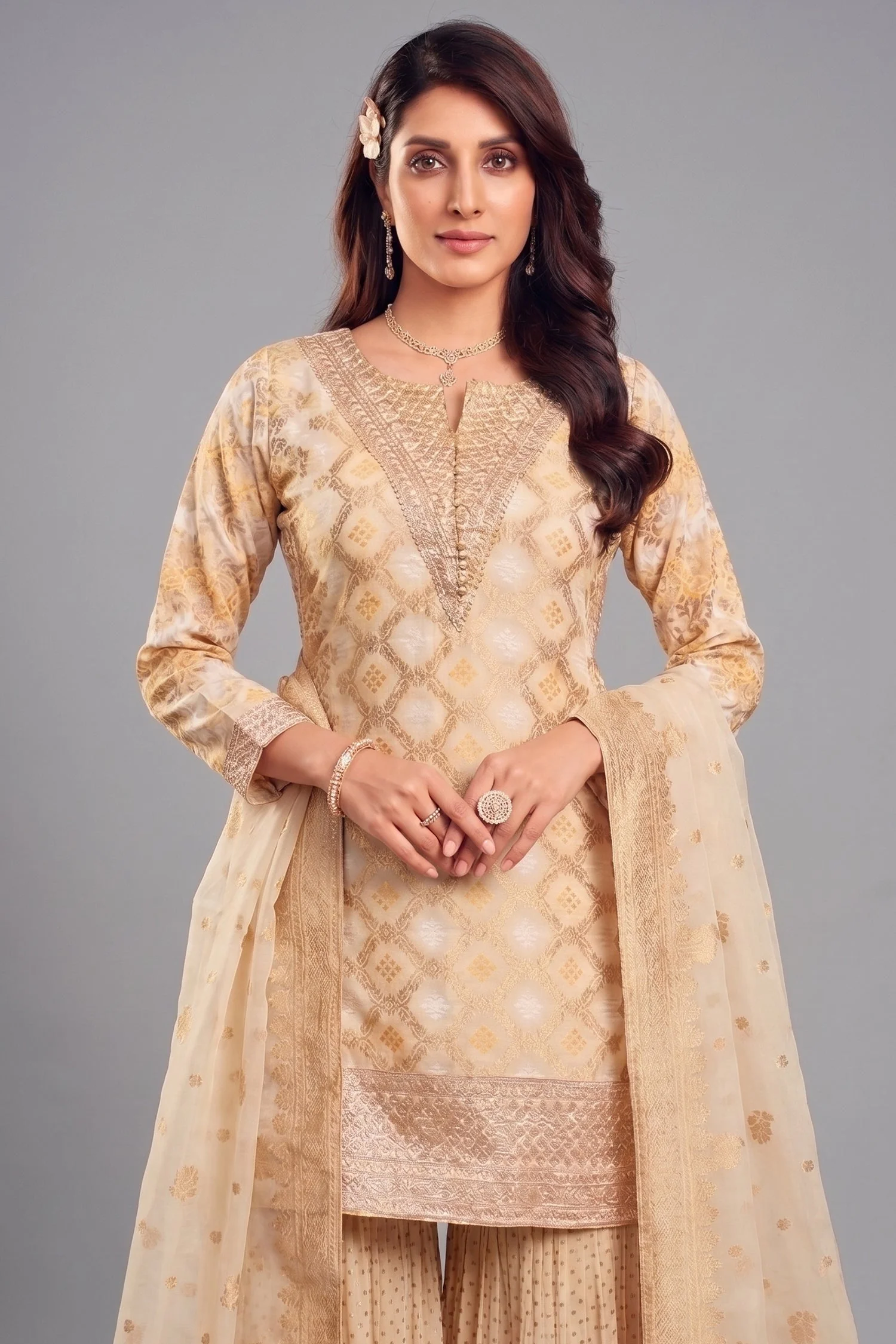 Cream Georgette Bandhej Woven Sharara Suit with Sequin Work - Image 2