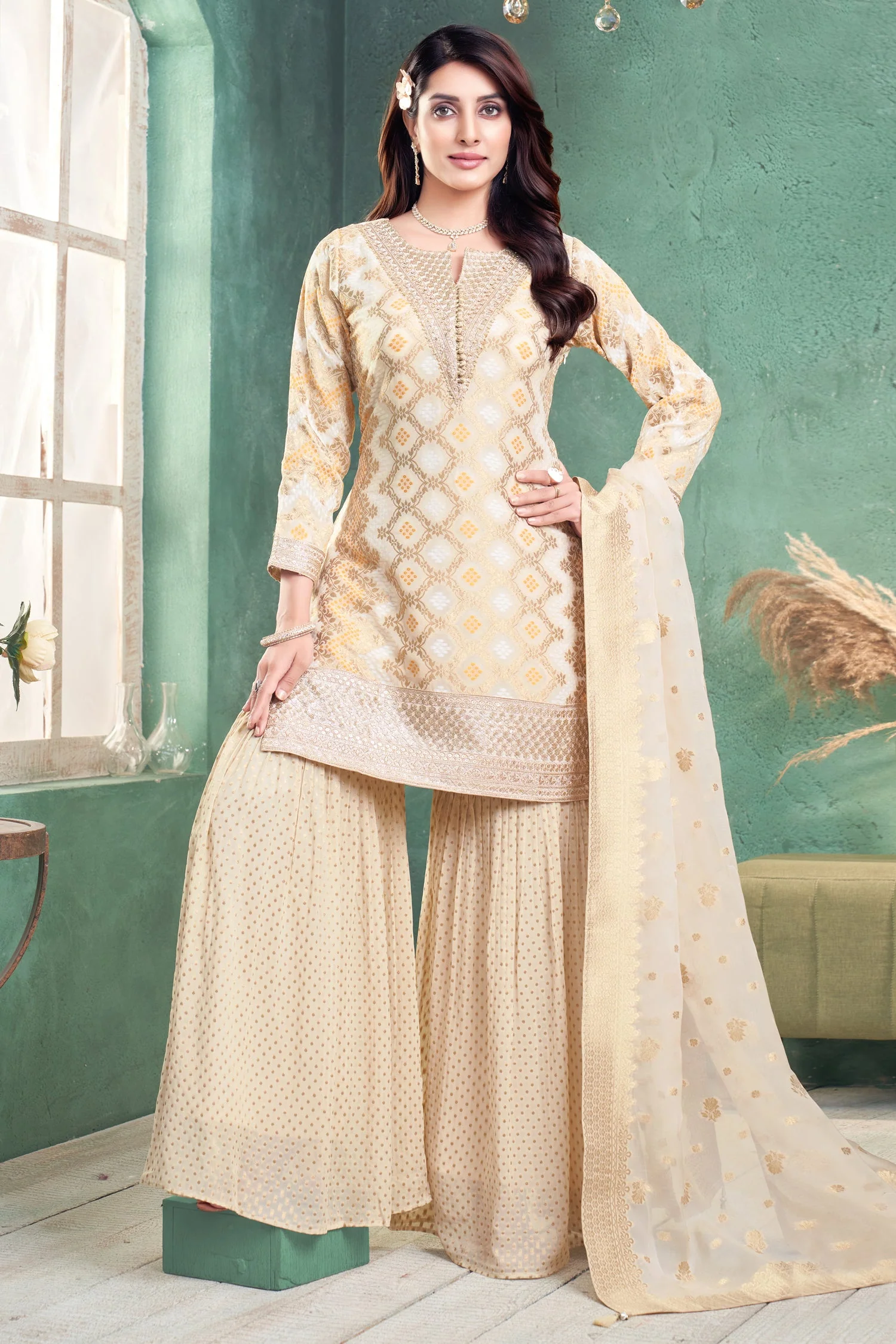 Cream Georgette Bandhej Woven Sharara Suit with Sequin Work - Image 3