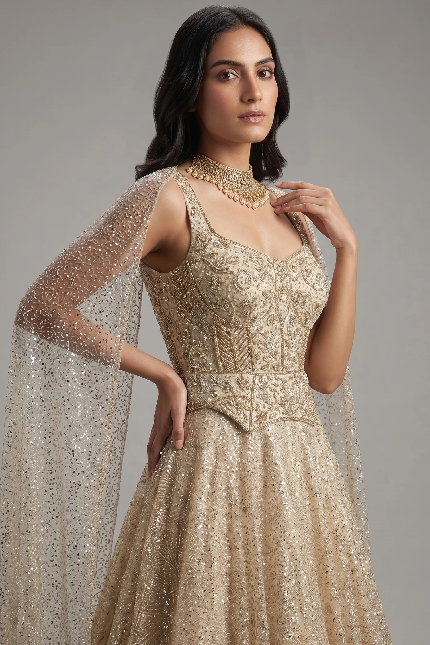 Cream Net Designer Sequinned Gown - Image 2