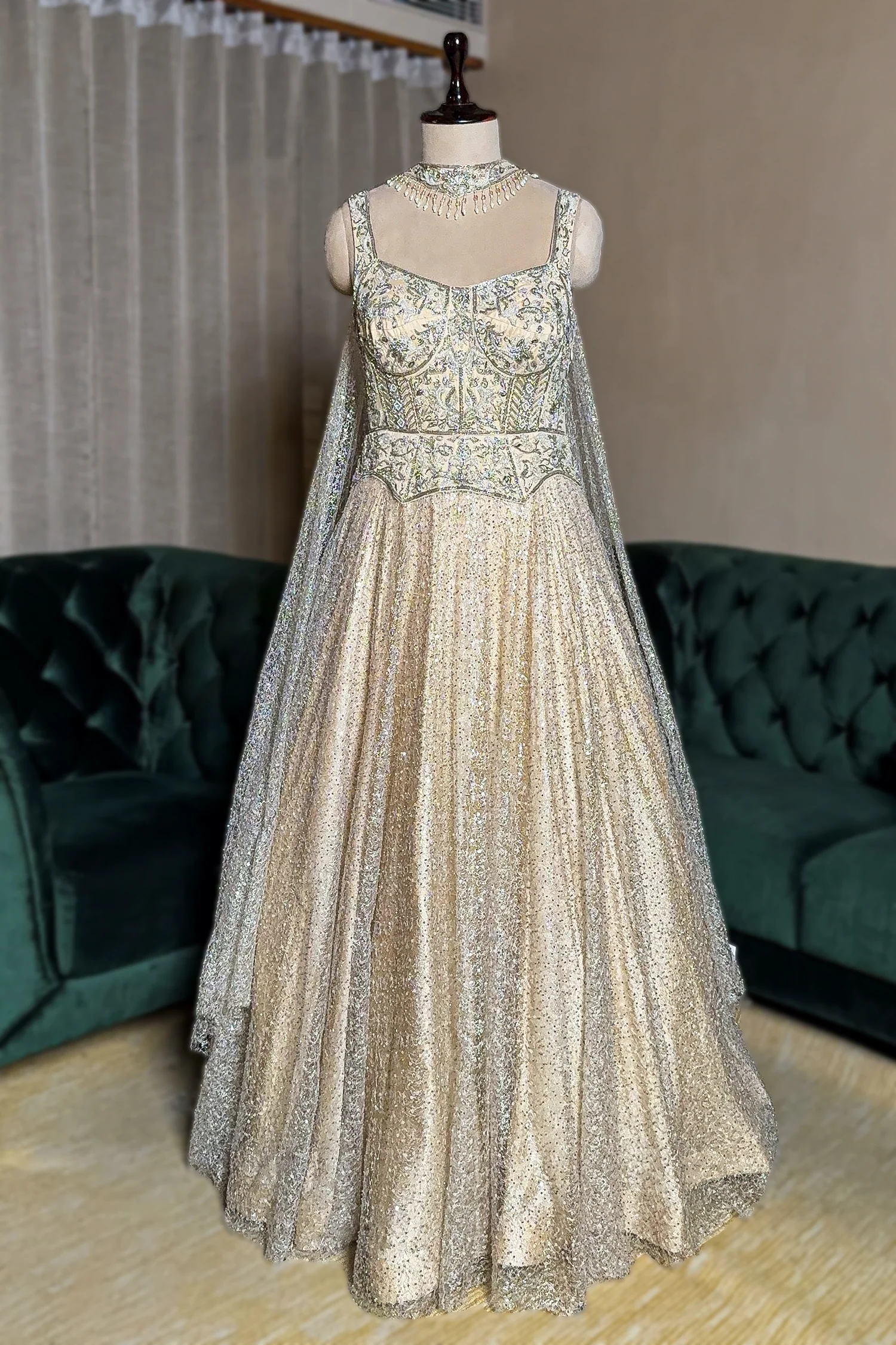 Cream Net Designer Sequinned Gown - Image 3
