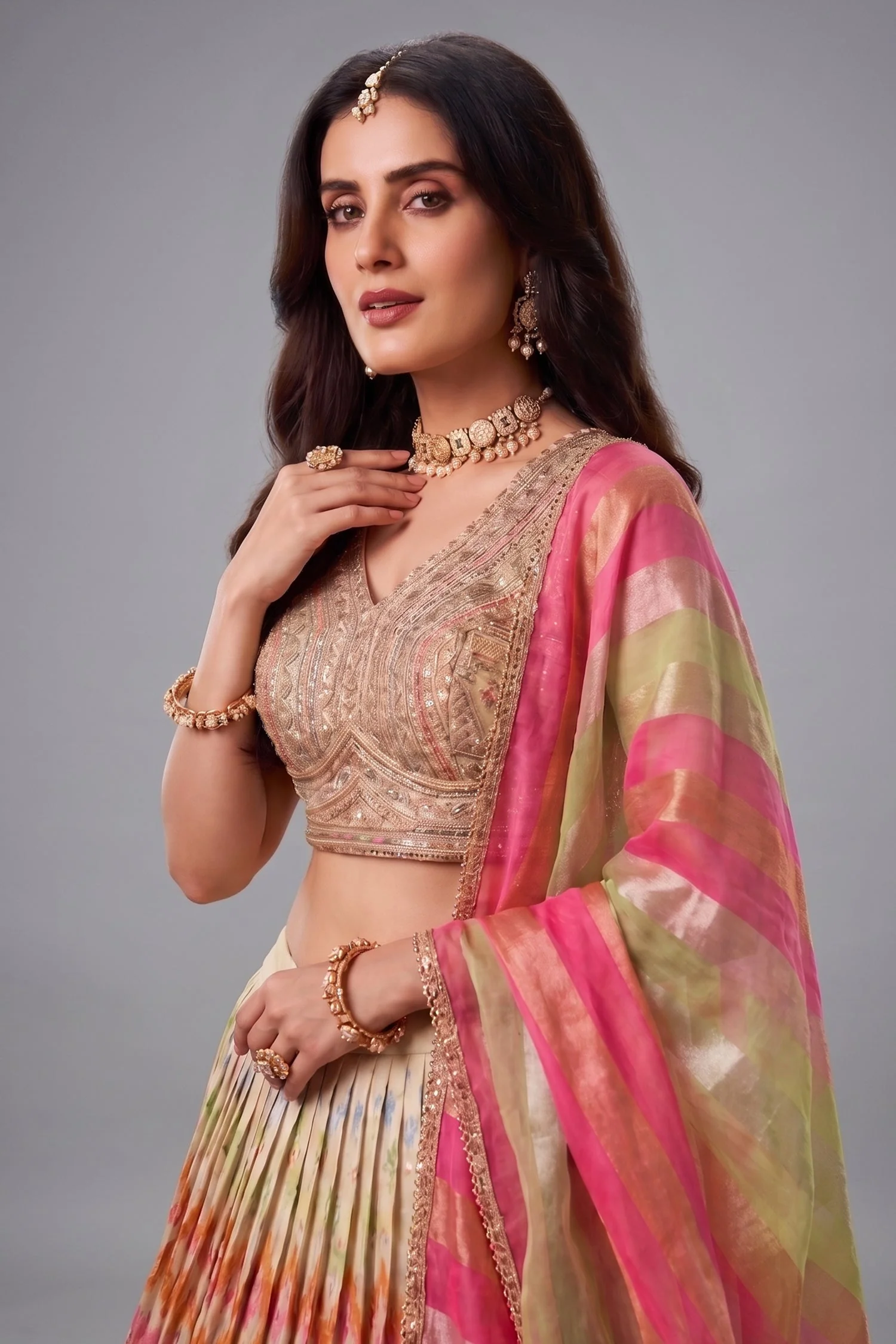 Cream Organza Multi Thread Embroidered Lehenga with Sequin Work - Image 2
