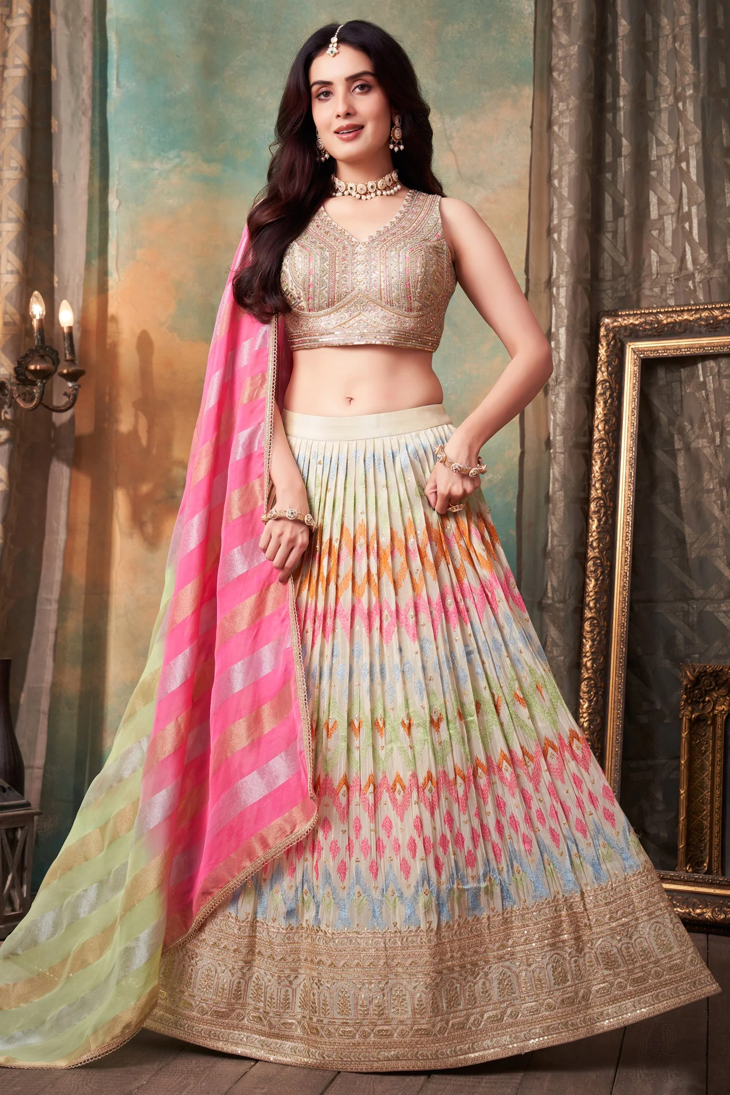 Cream Organza Multi Thread Embroidered Lehenga with Sequin Work - Image 3