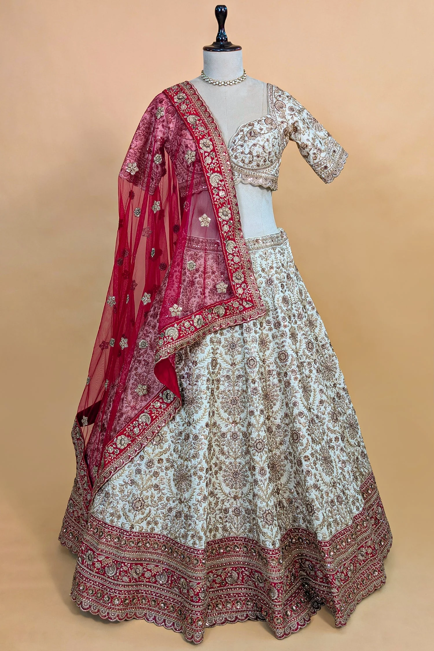 Cream Raw Silk Beaded and Zardosi Worked Lehenga - Image 3