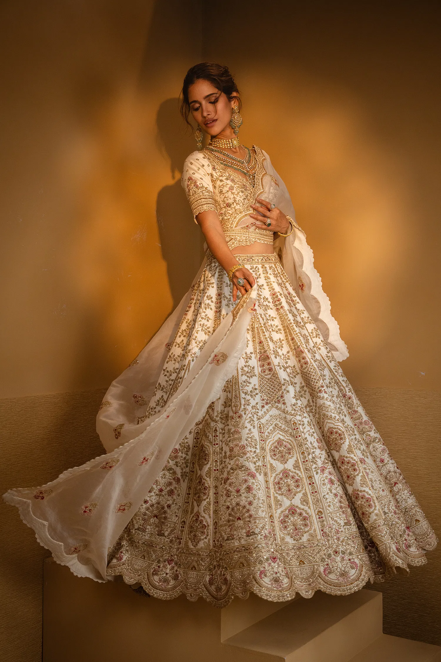 Cream Raw Silk Heavy Designer Bridal Lehenga with Scallop V Neckline and Double Dupatta - Image 3